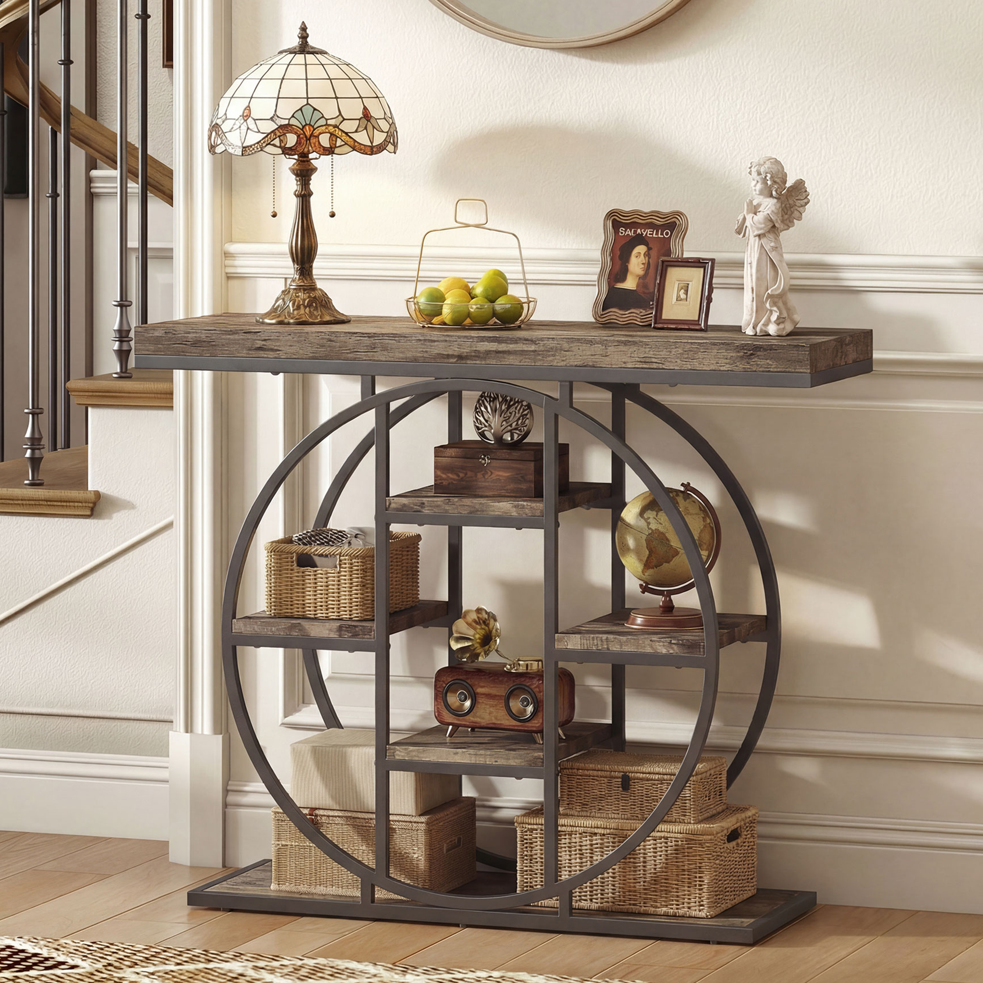 39.4" Console Table with Storage Shelves, Industrial Sofa Table for Living Room, Hallway, Rustic Oak