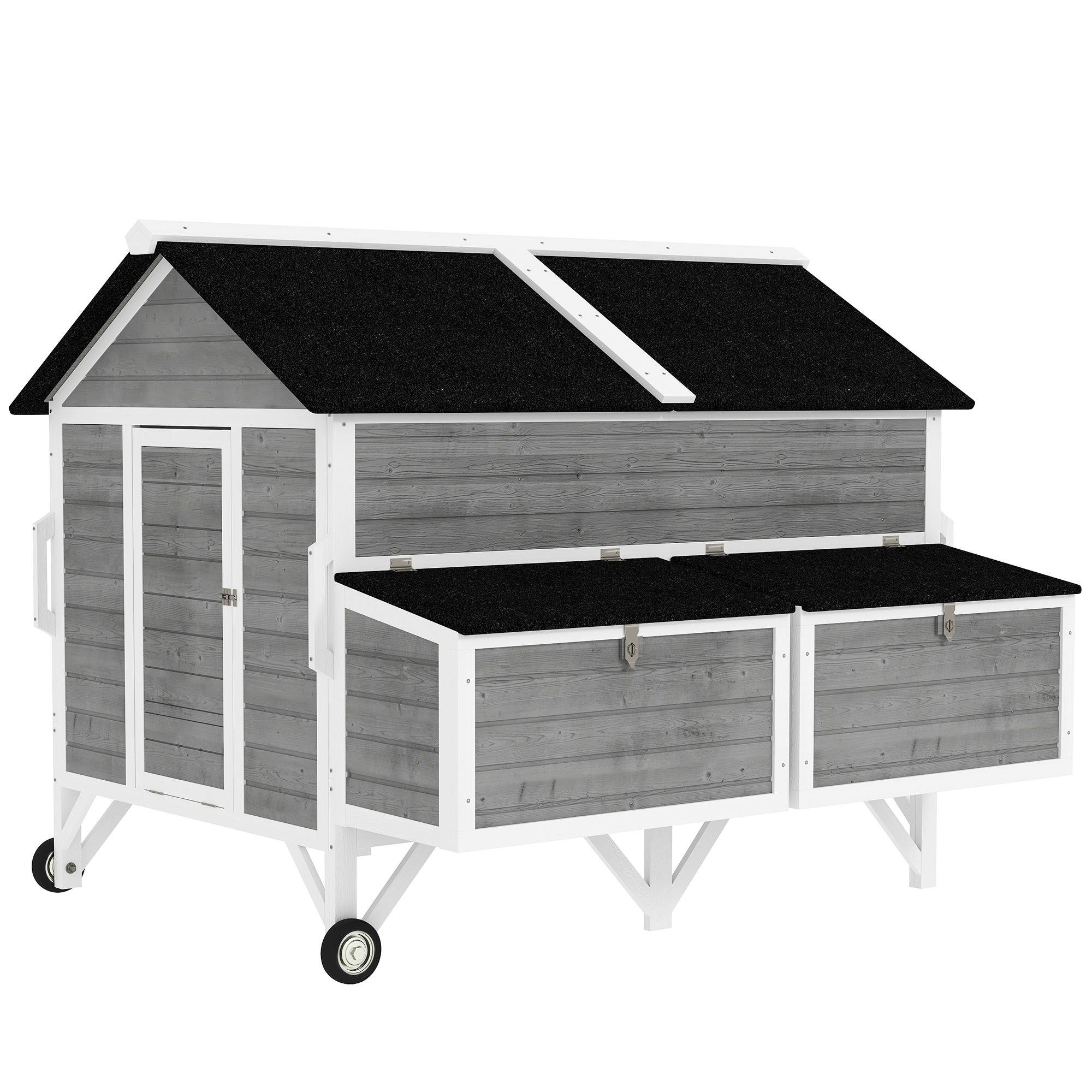 59" Wooden Chicken Coop w/ Wheels, Handles, 2 Nesting Boxes, 2 Trays, 4 Perches, Chicken Tractor for 4-6 Chickens, Gray