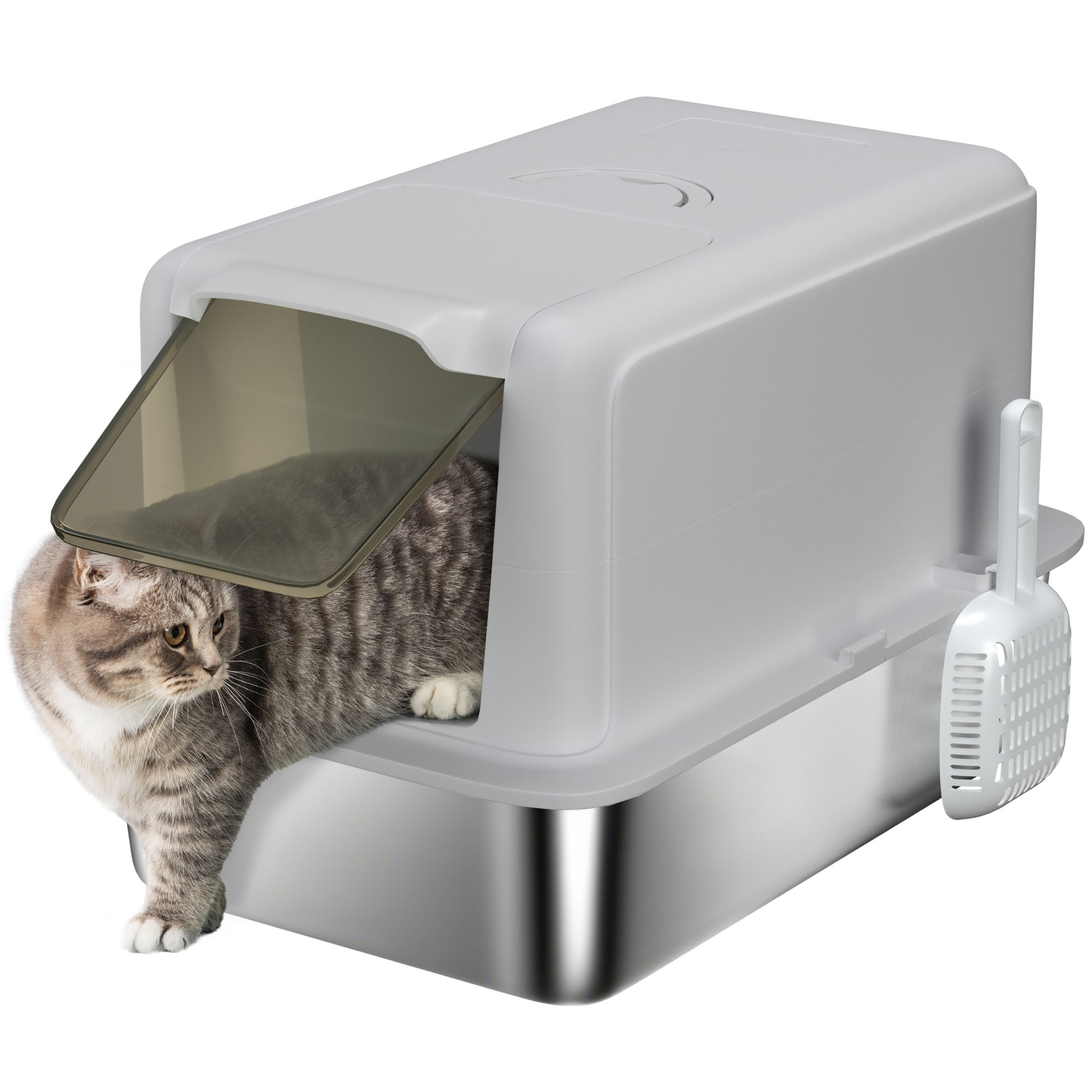 2 in 1 Stainless Steel Cat Litter Box with Removable Lid, Scoop, Filter Bags, for Small to Large Cats, Gray