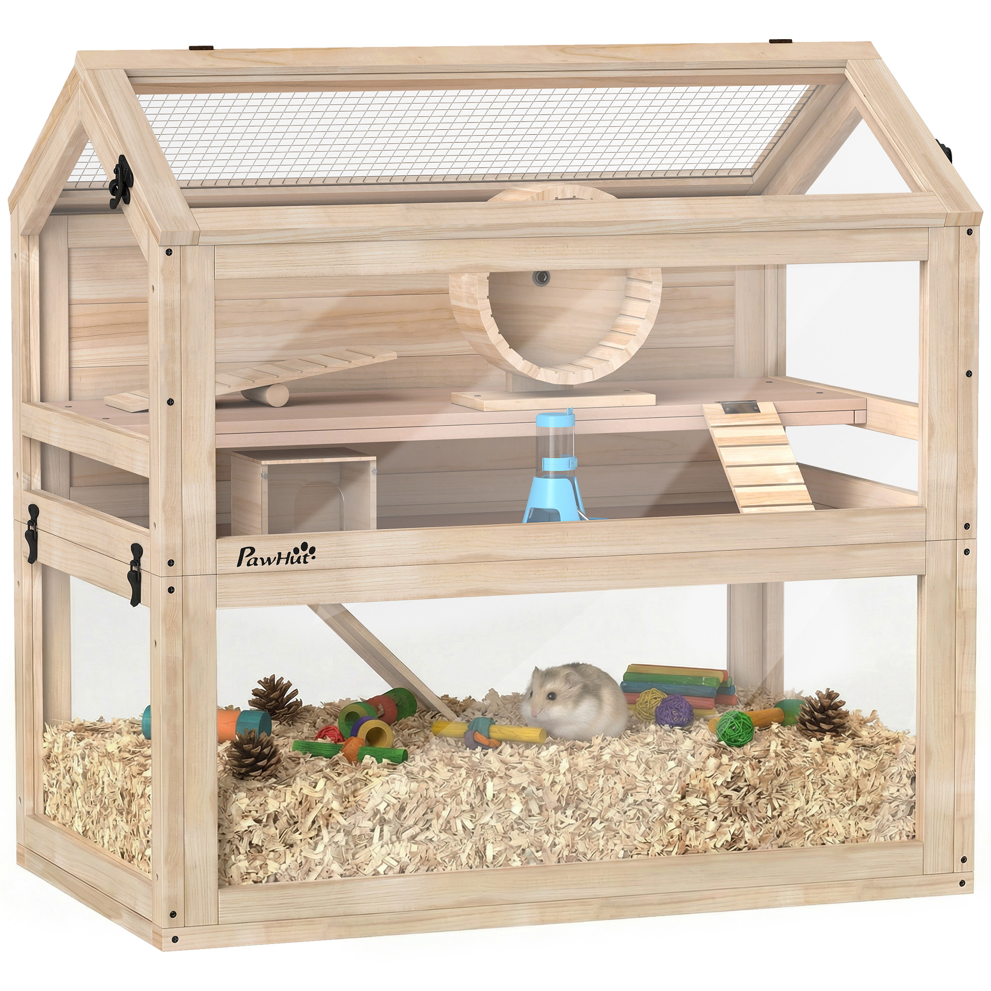 Wooden Hamster Cage, 3-Tier Small Animal Cage with Hut, Seesaw, Ramps, Exercise Wheel, Acrylic Panel and Bottom Tray