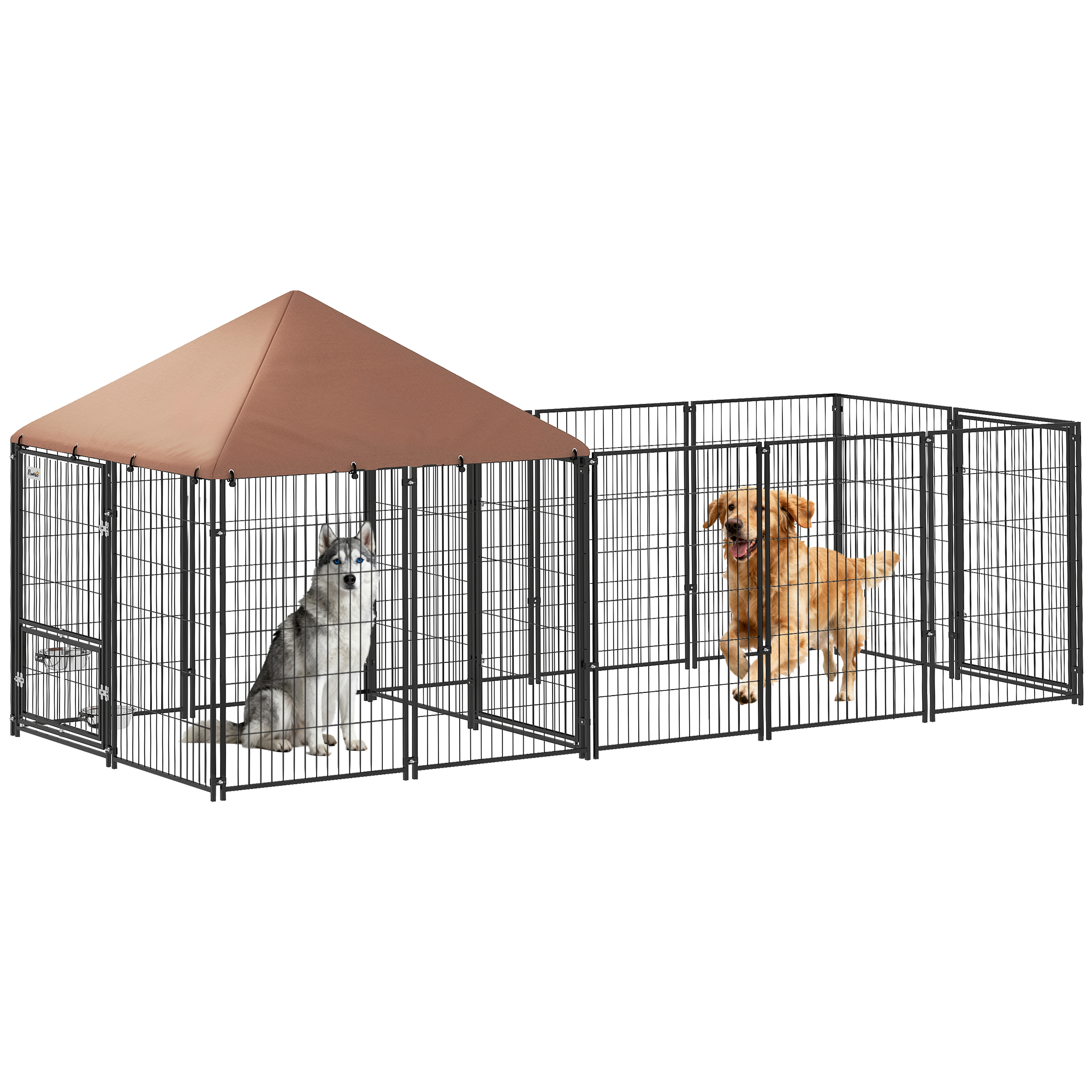 Large Outdoor Dog Kennel with Rotating & Adjustable Height Bowls, Waterproof & UV-Resistant Canopy, 11.3' x 4.7' x 5.1'