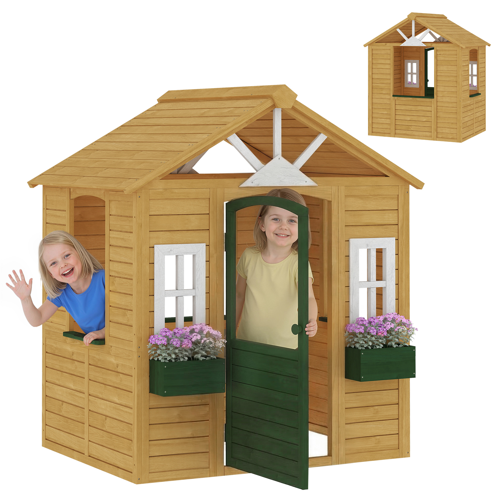 Outdoor Playhouse, Wooden Kids Playhouse with Door, 3 Windows, 2 Flower Boxes for Garden, Indoor Playroom, Ages 3–8