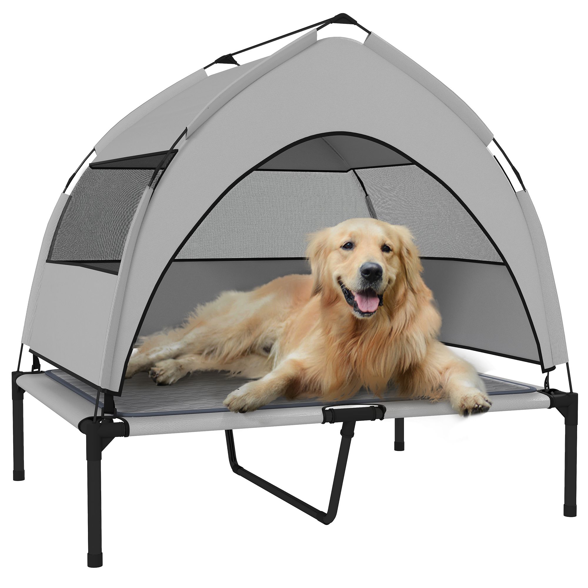 Elevated Dog Bed with Removable Canopy, Portable Outside Raised Pet Cot with Cooling Pad, Storage Bag, 36" x 29.5" x 35"