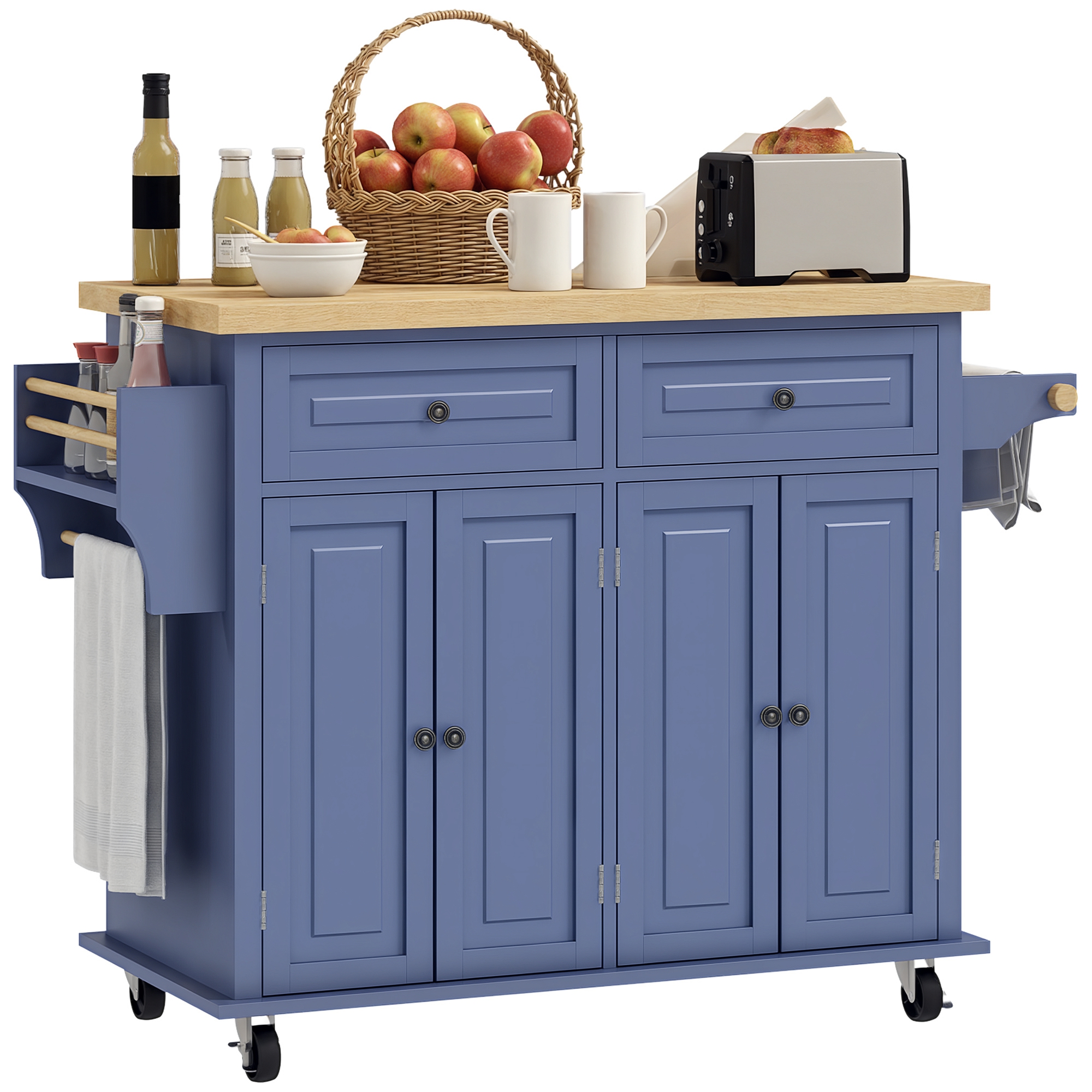 Kitchen Island on Wheels, Rolling Cart with Rubberwood Top, Spice Rack, Towel Rack and Drawers, Navy Blue
