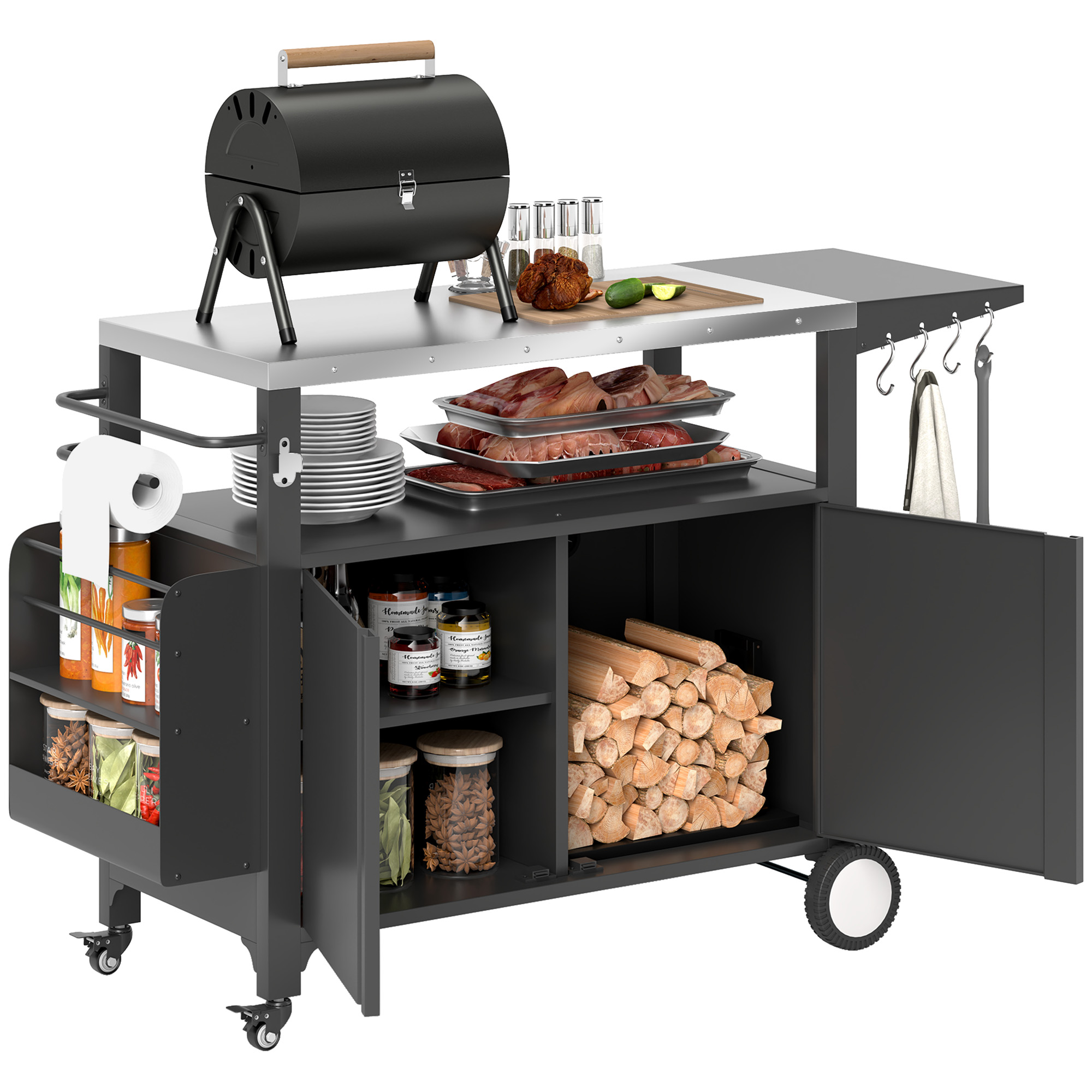 Outdoor Grill Cart Table with Stainless Steel Top, Movable Pizza Oven Table with Foldable Side Table, Wheels
