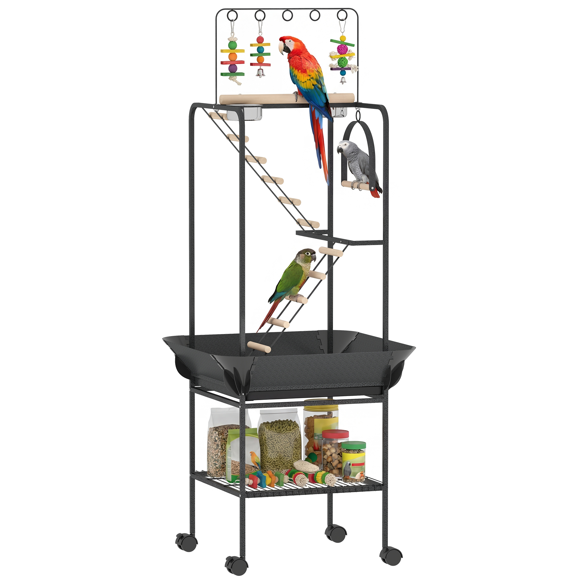 64"H Rolling Bird Playground Parrot Stand with Seed Guard & Wheels, Ladders, Swing, Toy Hook & Bowls