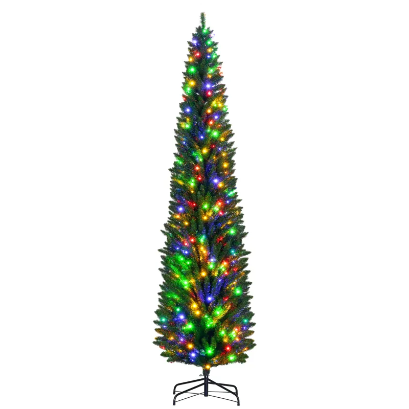 8' Artificial Pencil Christmas Trees Holiday Decoration with Colorful LED Lights, Steel Base, Skinny Shape