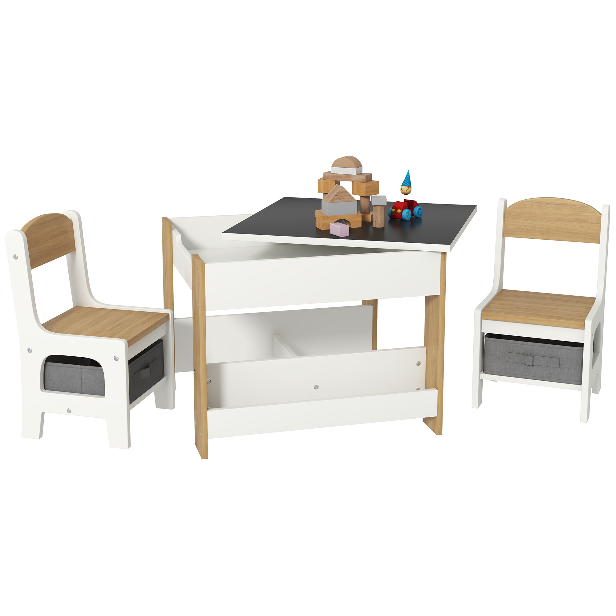 3pc Kids Table and Chair Set with Reversible Tabletop Blackboard, Storage & Bookshelves, Natural