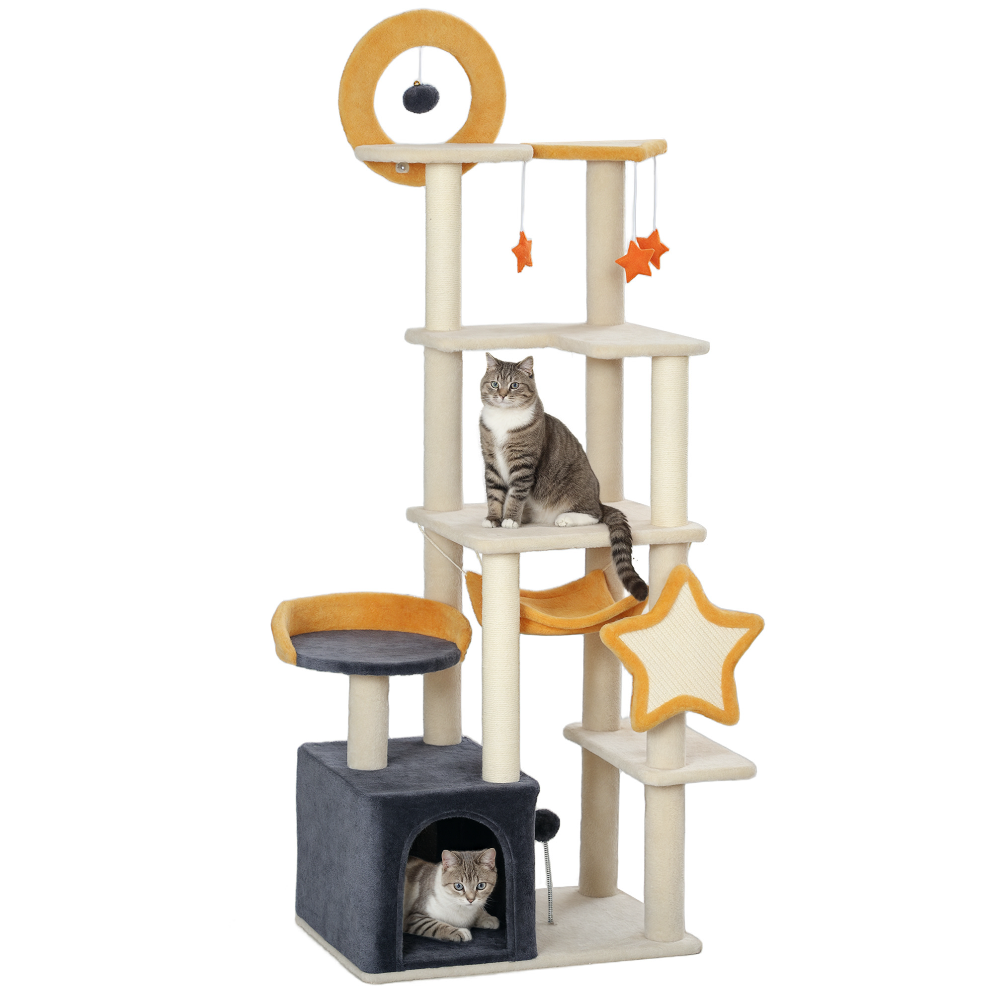 63 Inch Moon and Star Themed Cat Tree with Scratching Post, Hammock, Condo, Bed, Scratching Board & Cat Toys, Beige