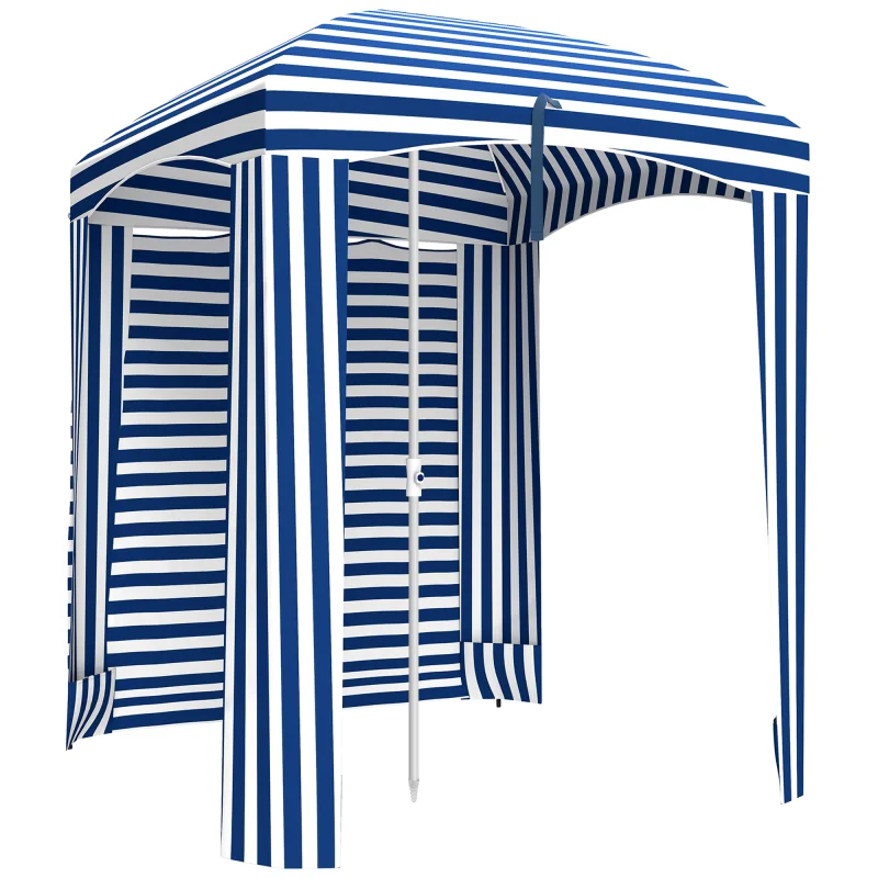 5.8' x 5.8' Cabana Umbrella with Walls, Vents, Ruffles, Carry Bag, Beach Umbrella, Blue White Stripe