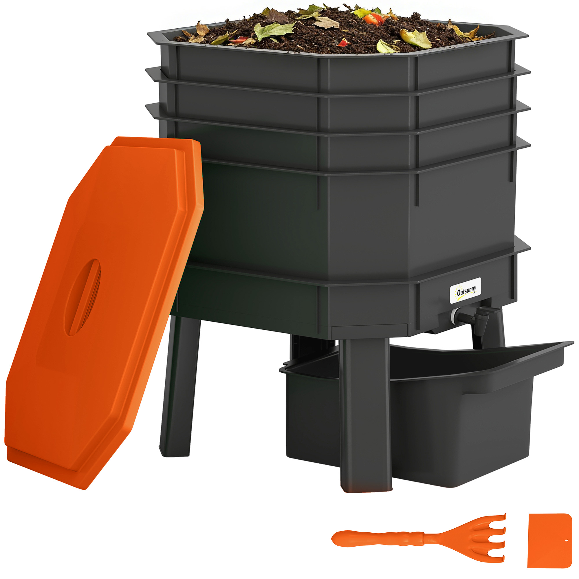 4-Tray Worm Composter Bin, 7.4 Gal Outdoor & Indoor Worm Composter for Recycling Food Waste, Orange
