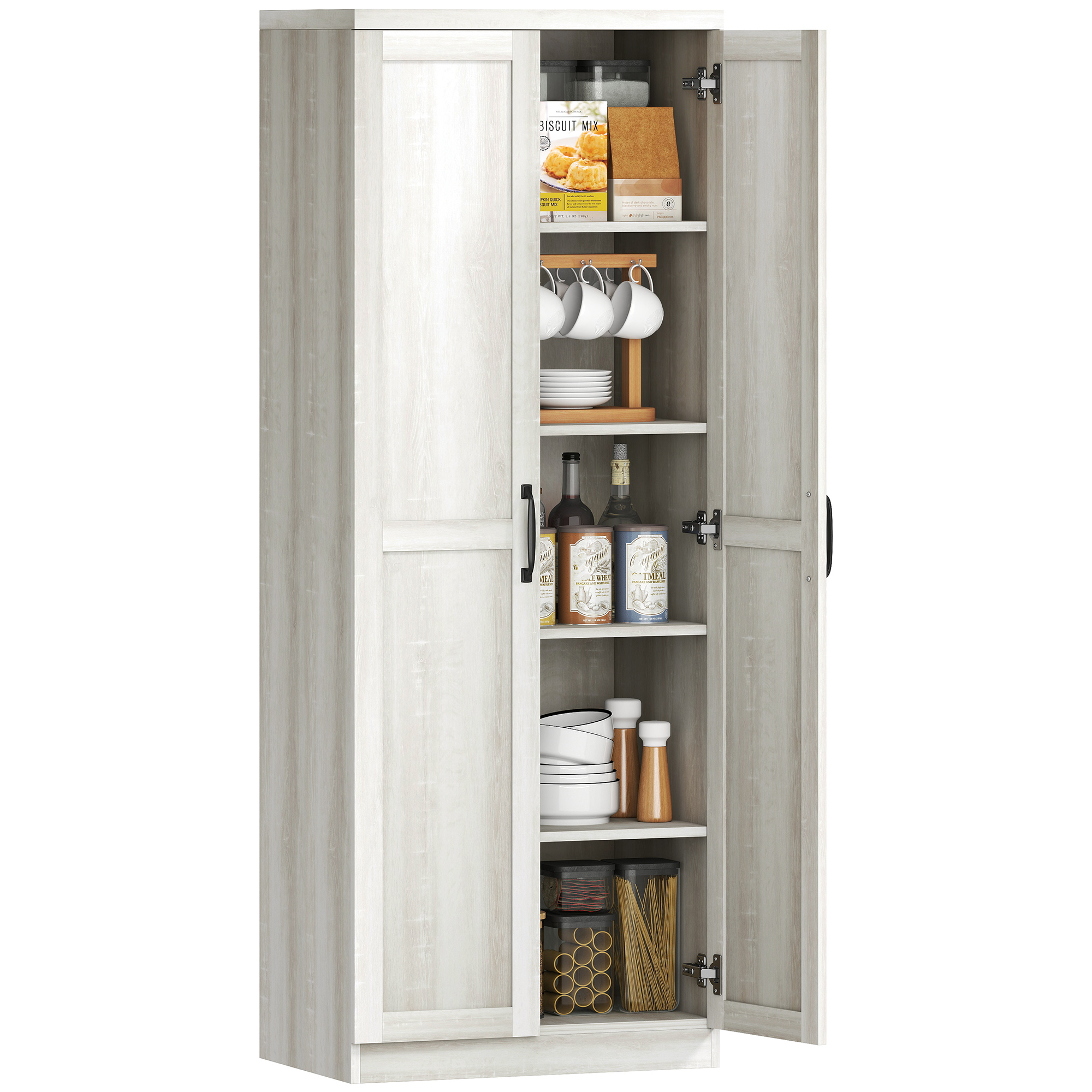 Kitchen Pantry, Freestanding 5-tier Storage Cabinet with 2 Adjustable Shelves, Antique White