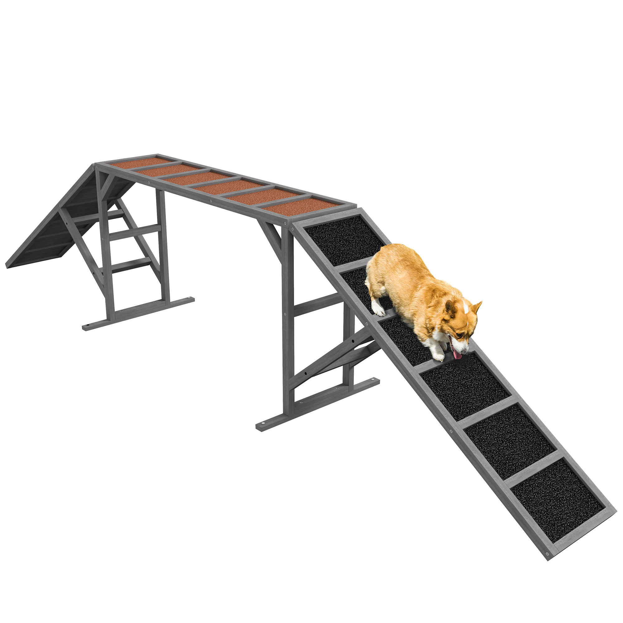 Dog Agility Equipment Ramp with Safety Bar, Non-slip Surface, for Walk and Pause Training, Gray