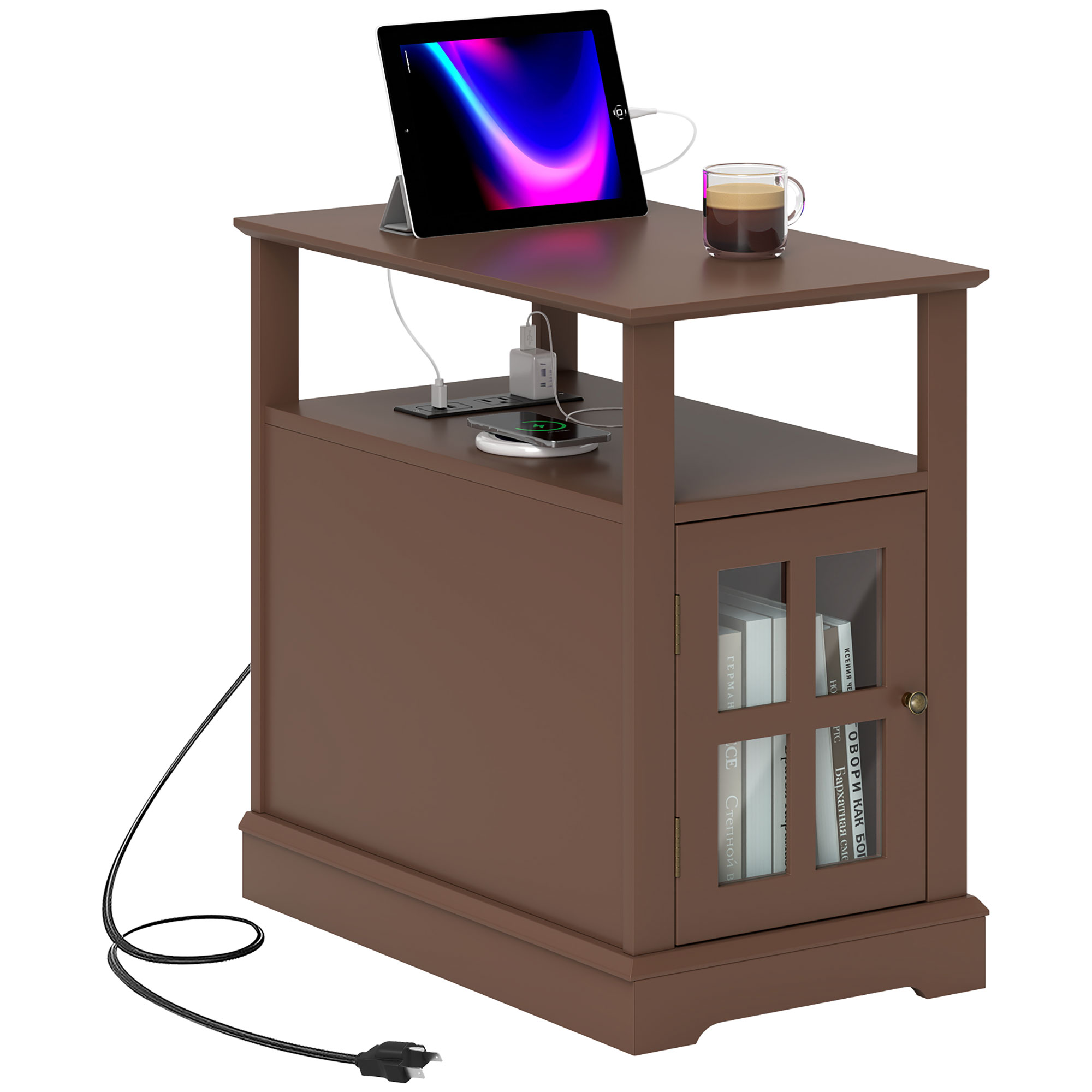 Narrow Side Table End Table with Charging Station, USB Ports, Modern End Table with Storage for Living Room, Brown