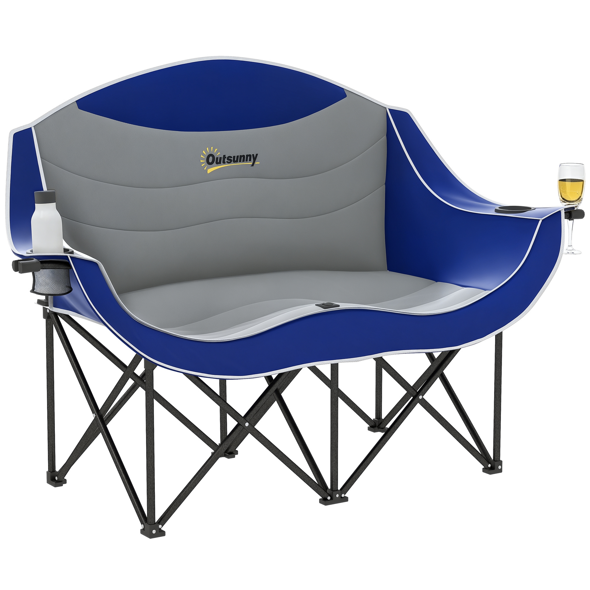 Padded Folding Camp Chair for Adults, Double Camping Chair with Armrests, Cup Holders, Carry Bag for Outdoor, Blue