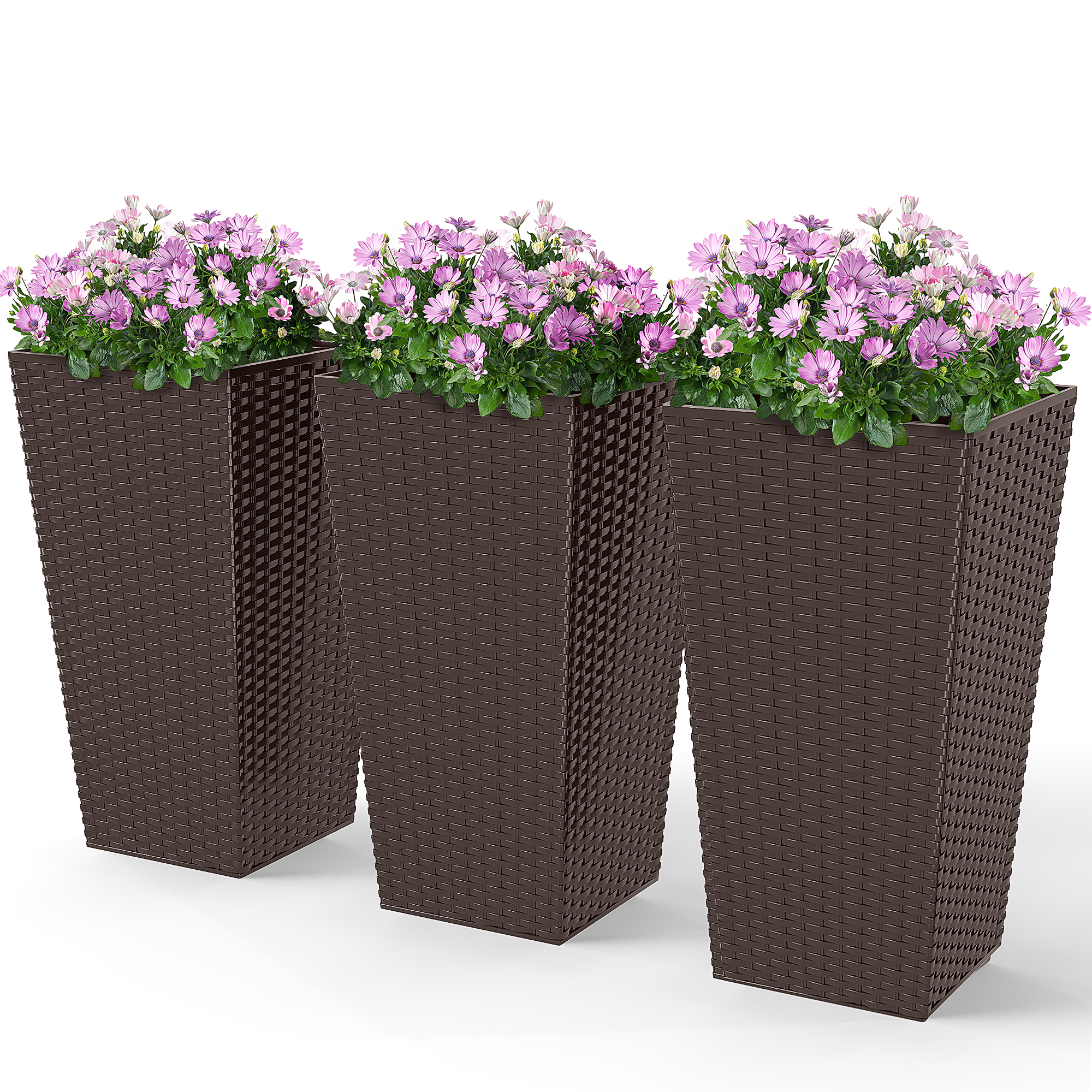 Set of 3 Tall Planters with Drainage Hole, 24" Outdoor Flower Plant Pots, Indoor Planters for Porch, Front Door, Entryway, Patio and Deck, Brown