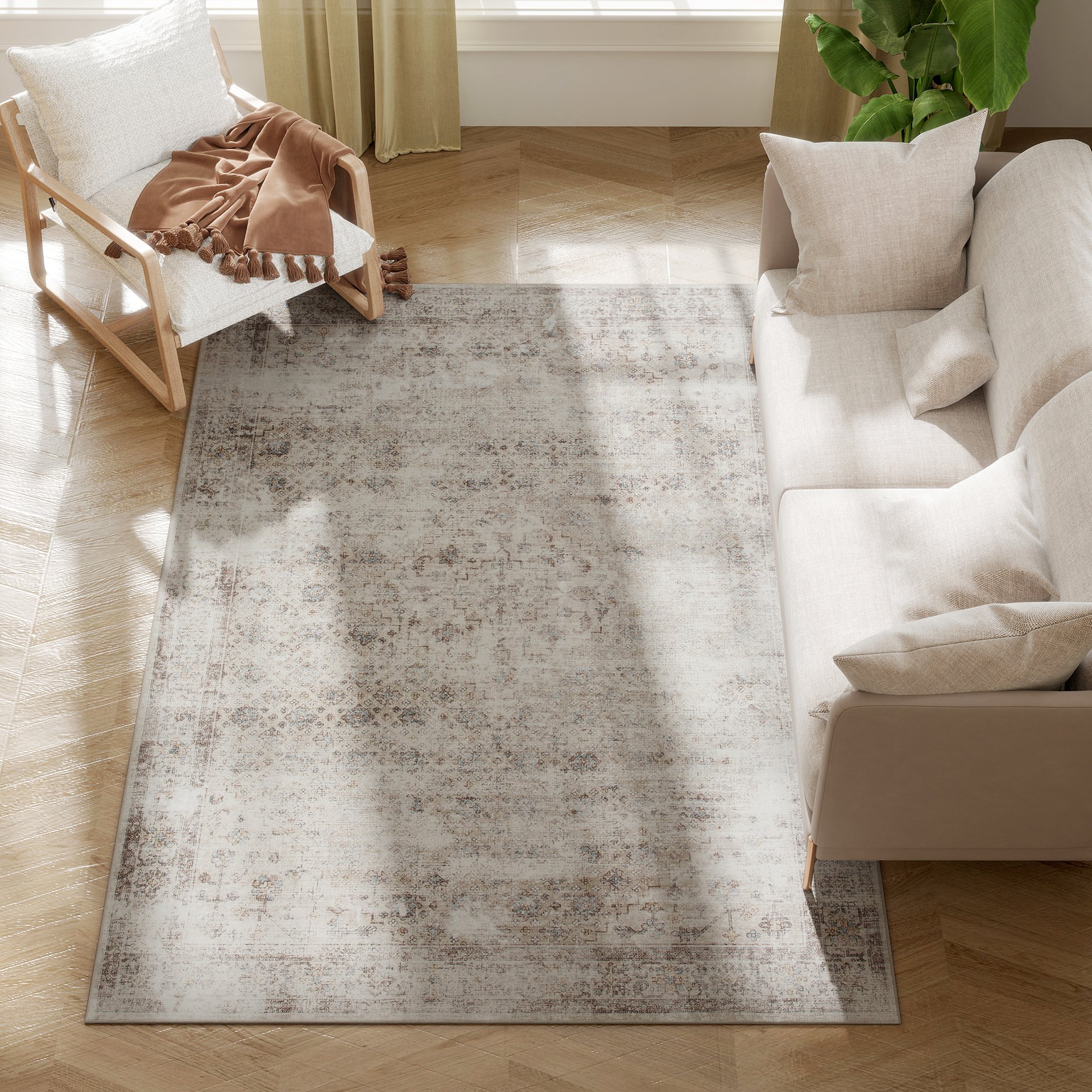Machine Washable Area Rug 4x6, Non-Slip Traditional Floor Carpet for Living Room, Bedroom, Light Mixed-Brown