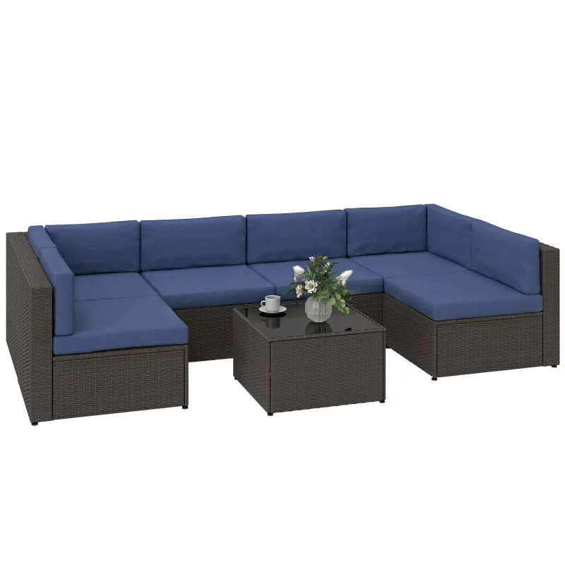7 Piece Patio Furniture Set, All Weather PE Rattan Outdoor Furniture Conversation Sets with Glass Top Coffee Table