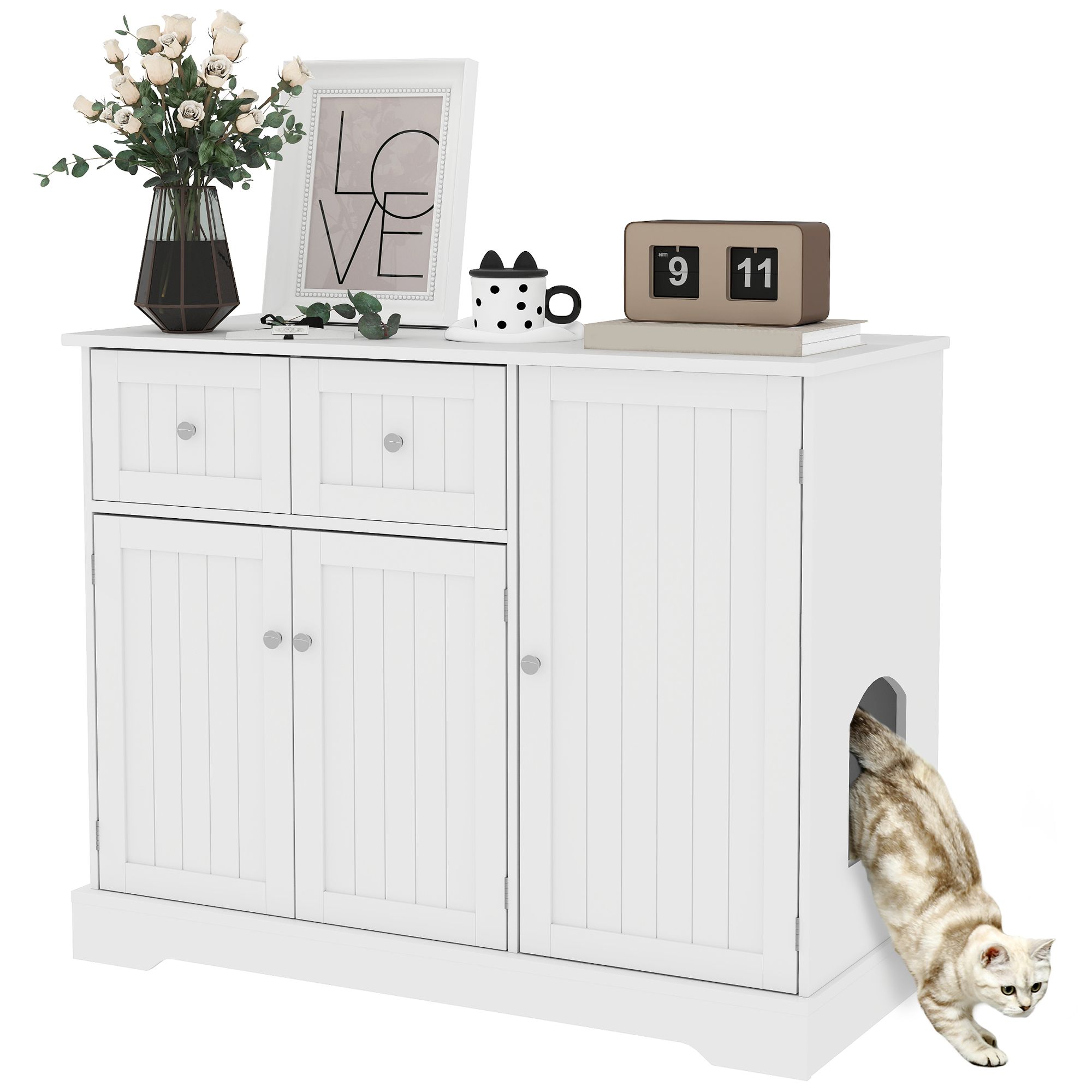 Cat Litter Box Enclosure with Drawers, Storage, Anti-tip Kit, 39" x 18" x 31.5", White