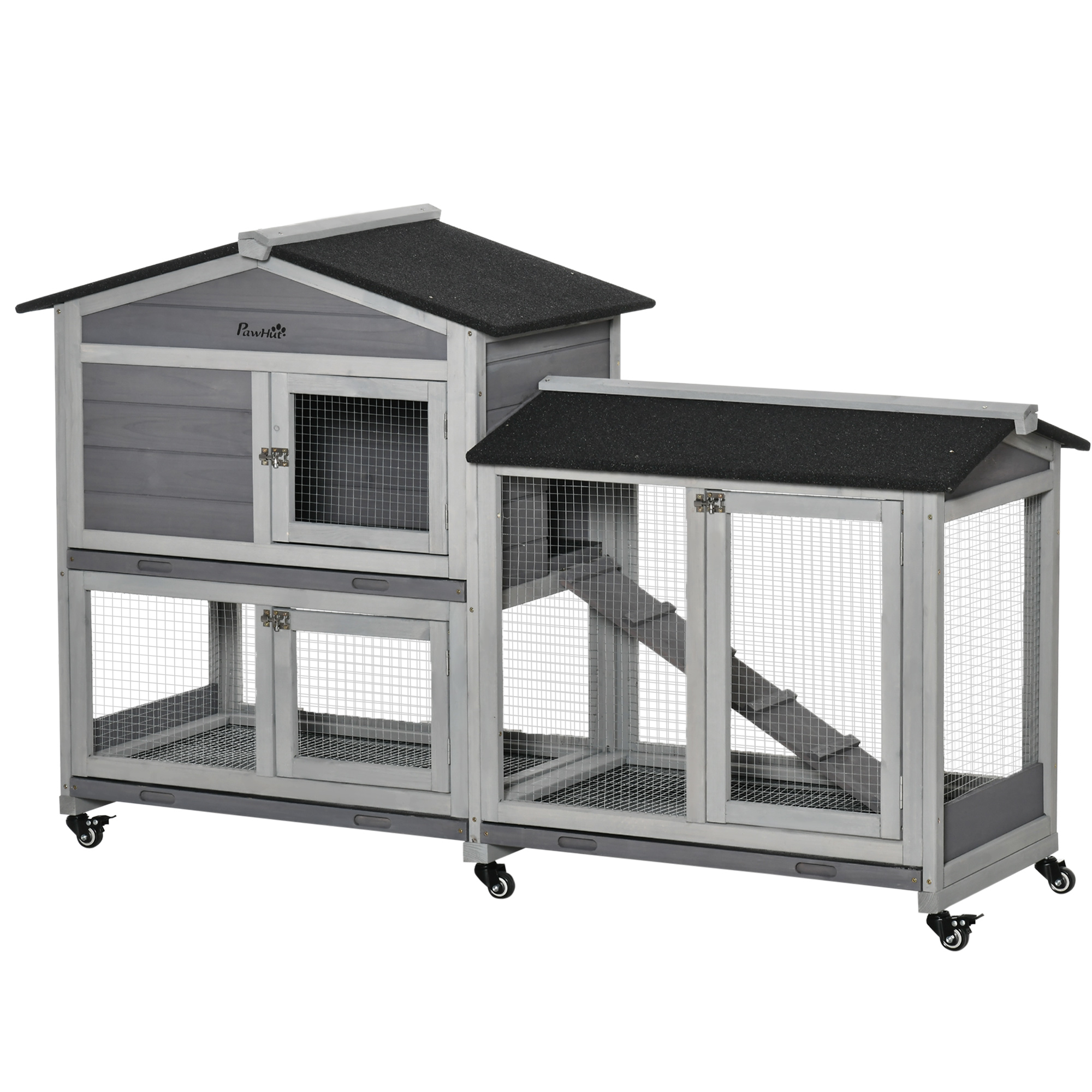 62" Wooden Mobile Rabbit Hutch with Wheels, Run Box, Slide-out Tray, Ramp