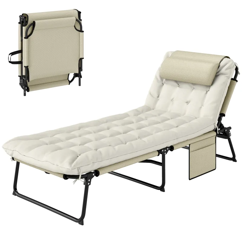 Folding Chaise Lounge Pool Chair with 4-level Reclining Back, Cushion, Side Pocket, Headrest, Beige