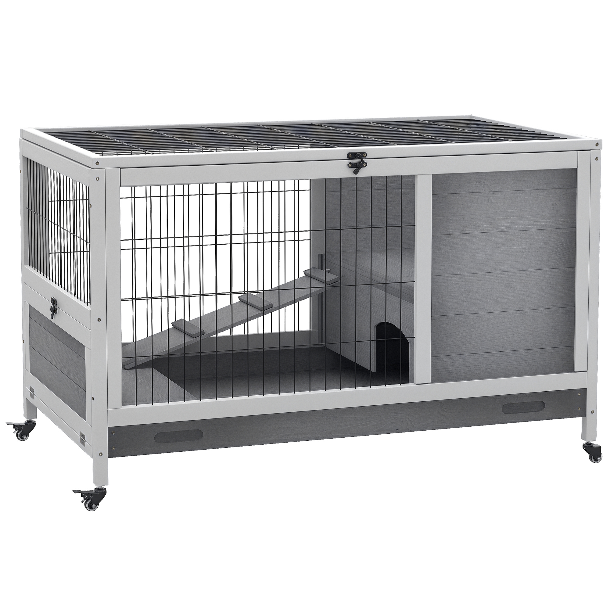 Wooden Indoor Rabbit Hutch Elevated Cage Habitat with Enclosed Run with Wheels - Ideal for Rabbits and Guinea Pigs