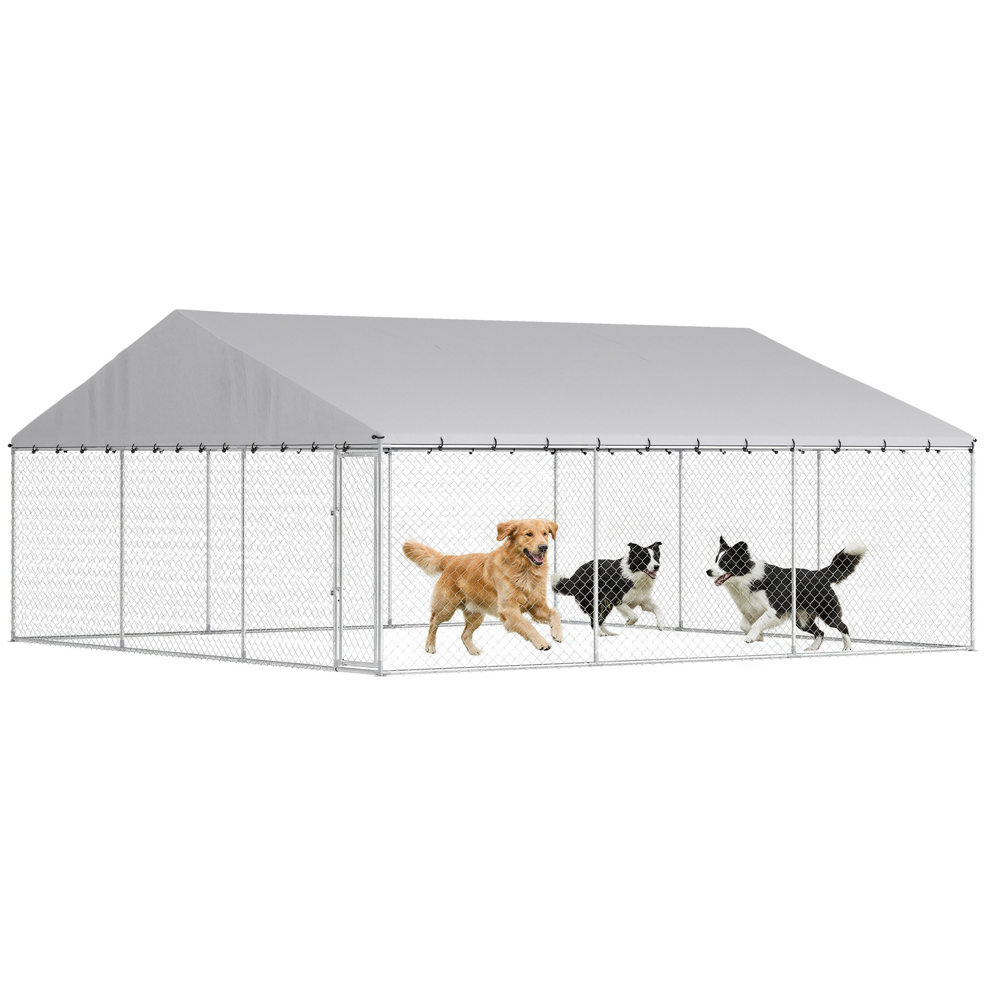 Heavy Duty Outdoor Dog Kennel with Waterproof Roof, Secure Latch, Chain Link Dog Run for Backyard, 19.7' x 19.7' x 8.9'