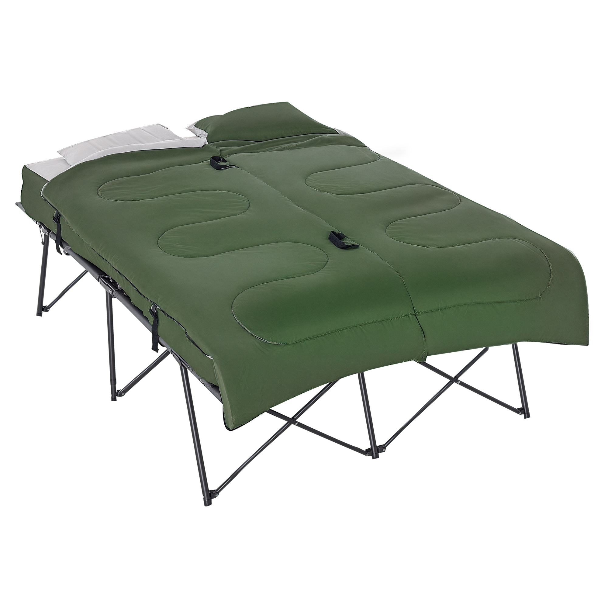 2-Person Folding Camping Cot Portable Outdoor Bed Set with Sleeping Bag, Inflatable Air Mattress, Comfort Pillows and Carry Bag, Soft and Comfortable for Outdoor Travel Camp Beach Vacation