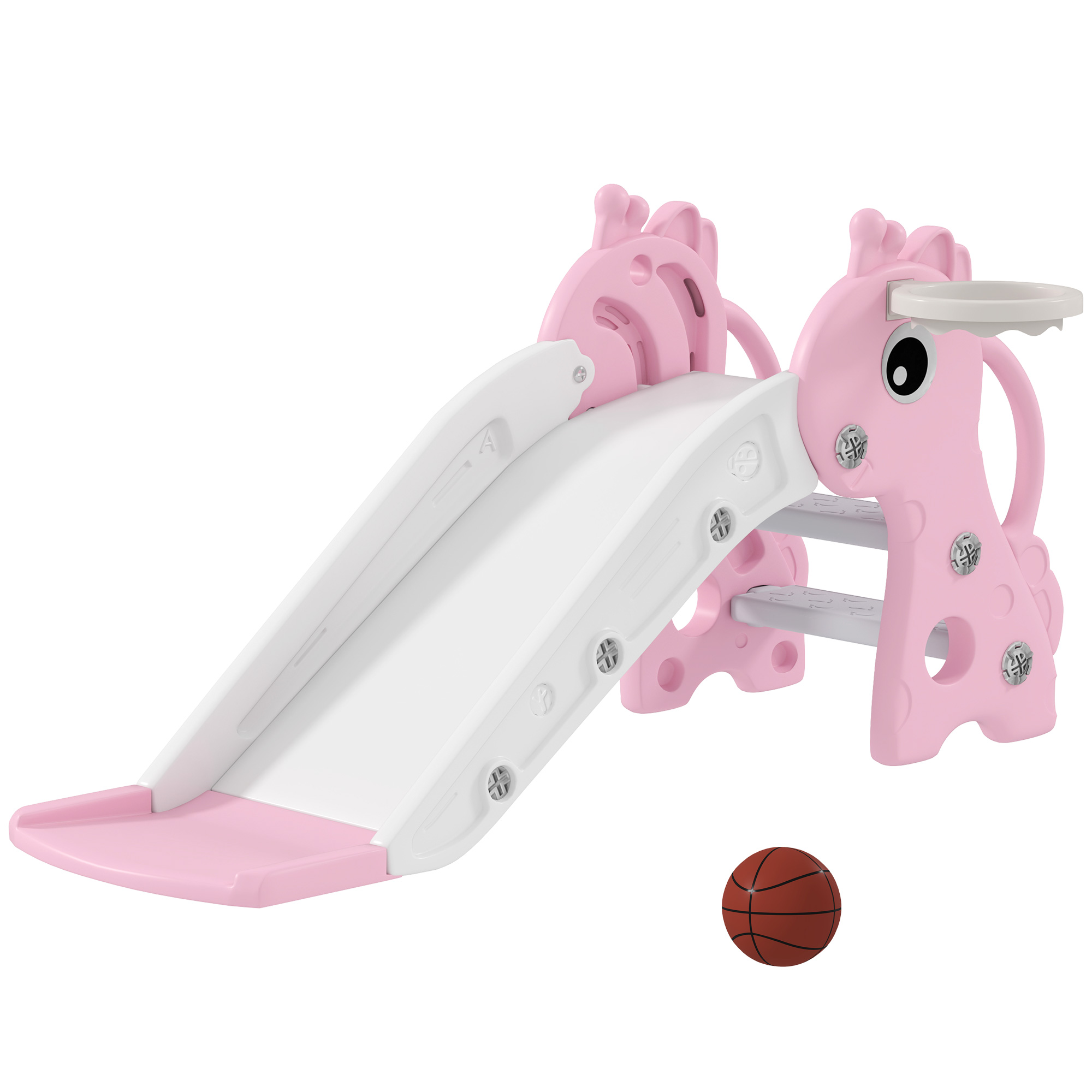 3-in-1 Toddler Slide for Age 1-3, Freestanding Kids Slide with Climber, Basketball Hoop and Ball, Giraffe Design, Pink