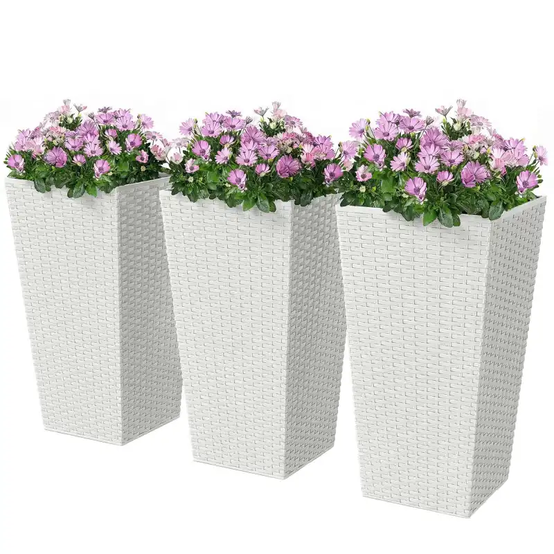 Tall Planters for Outdoor Plants Set of 3, 24 In Taper Planters with Drainage Holes, Rattan Decor Plant Pots, White