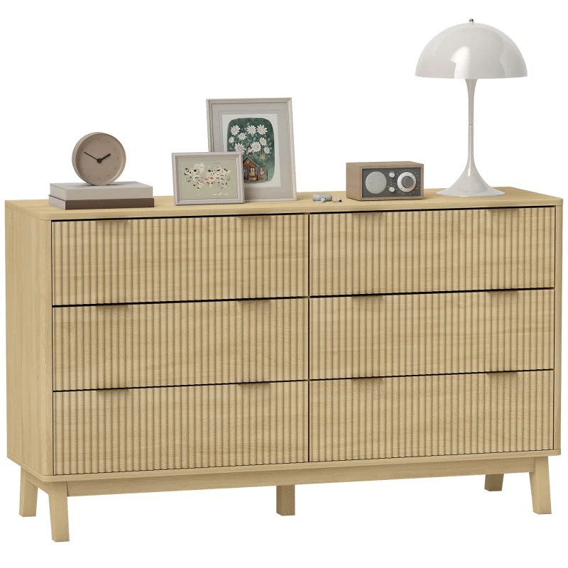 6 Drawer Double Dresser for Bedroom, Fluted Chest of Drawers with Gold Finger Pulls and 5 Wood Legs, Natural Wood