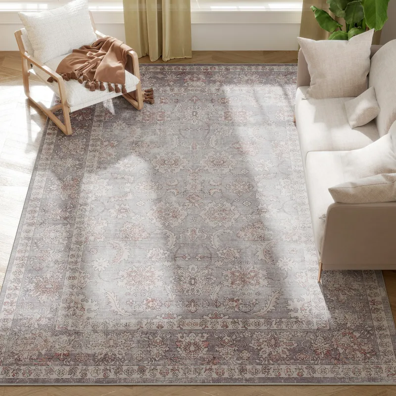 Machine Washable Area Rug 8x10, Non-Slip Traditional Flower Print Floor Carpet for Living Room, Bedroom, Grey and Brown