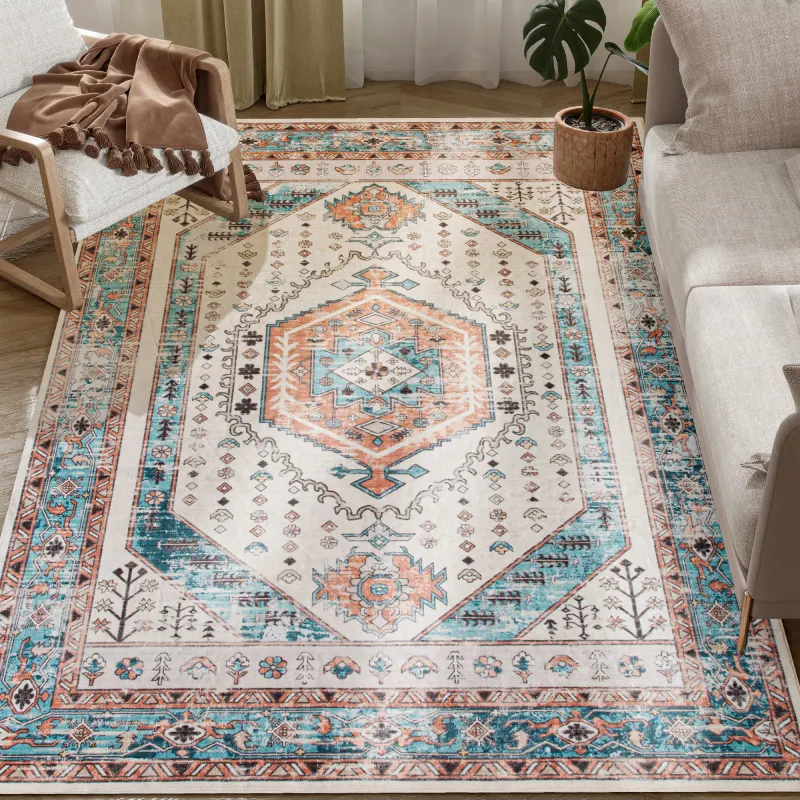 5x7 Area Rug, Vintage Machine Washable Rug, Non-Slip Floor Carpet for Living Room, Bedroom, Dining Room, Brown and Blue