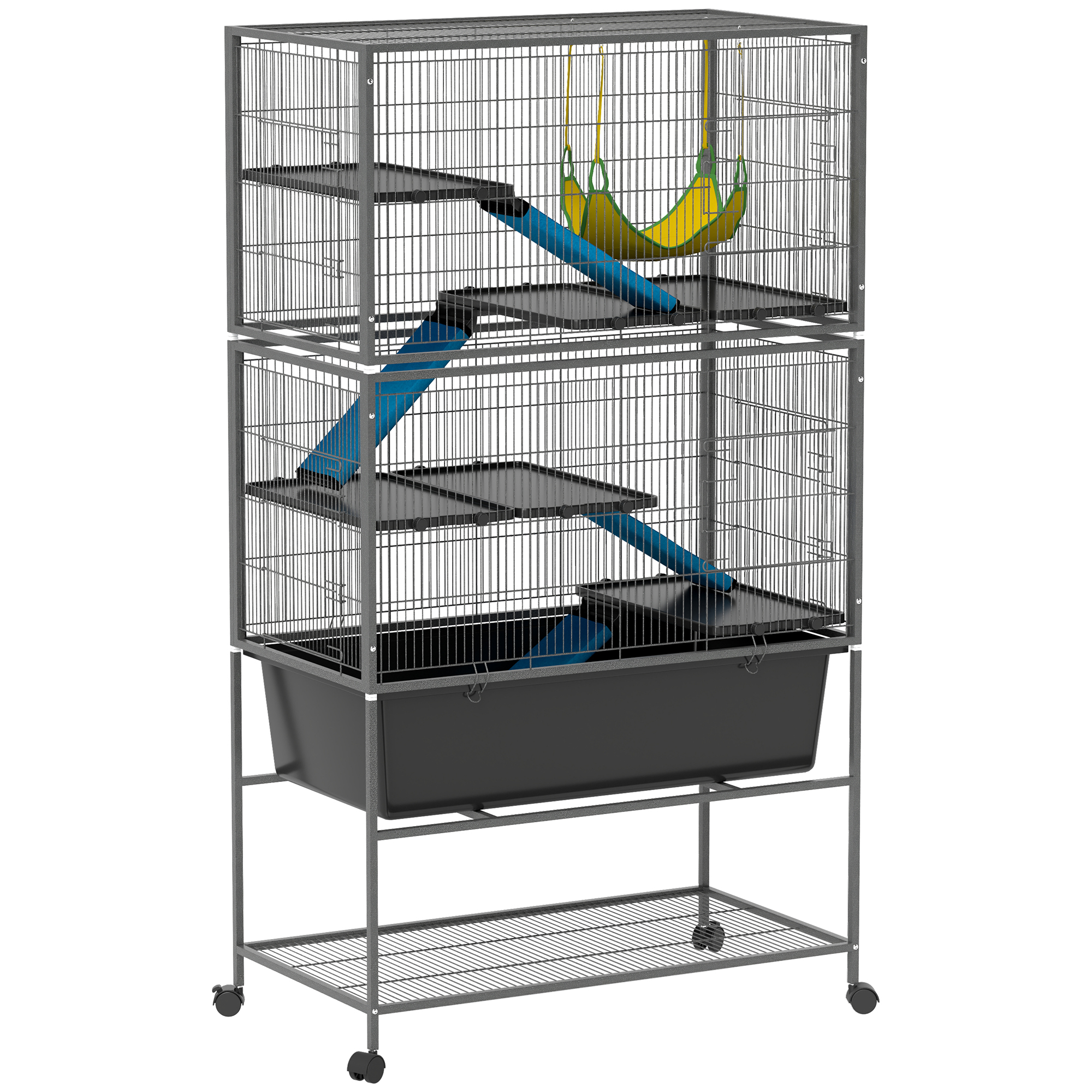 59" 5-Level Small Animal Cage, Rolling Ferret Cage with 6.3" Deep Tray, Non-Slip Cloth Covered Ramps, Hammock, Dark Gray
