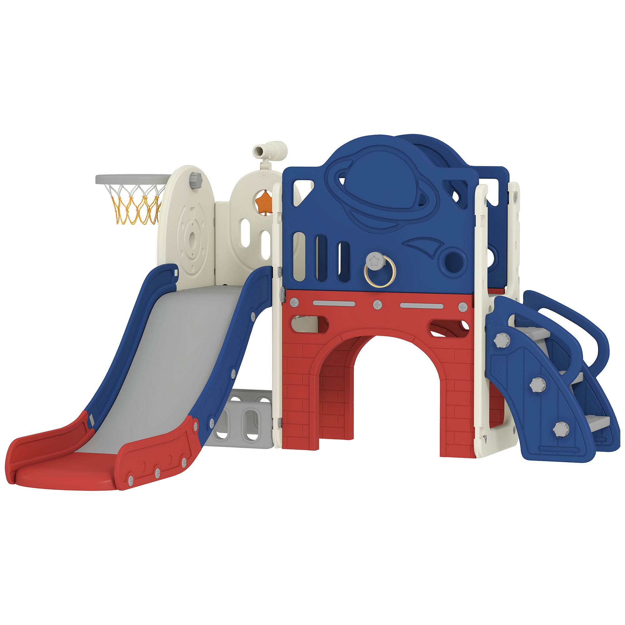 8-in-1 Toddler Slide Set with Basketball Hoop, Indoor Outdoor Playground Playset for Kids, Blue