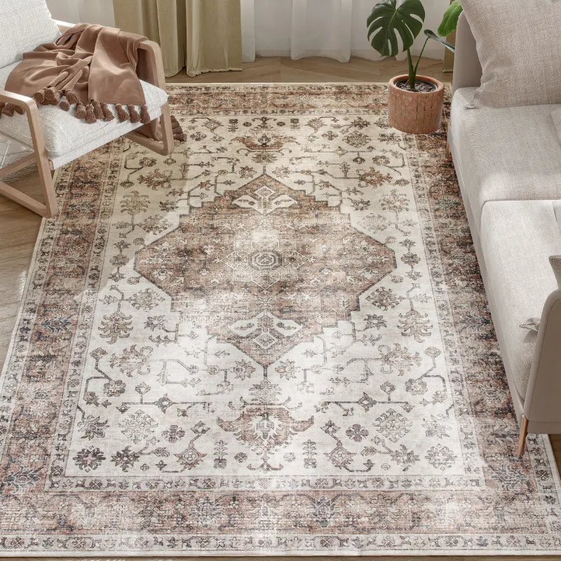 5x7 Area Rug, Vintage Machine Washable Rug, Non-Slip Floor Carpet for Living Room, Bedroom, Dining Room, Tan