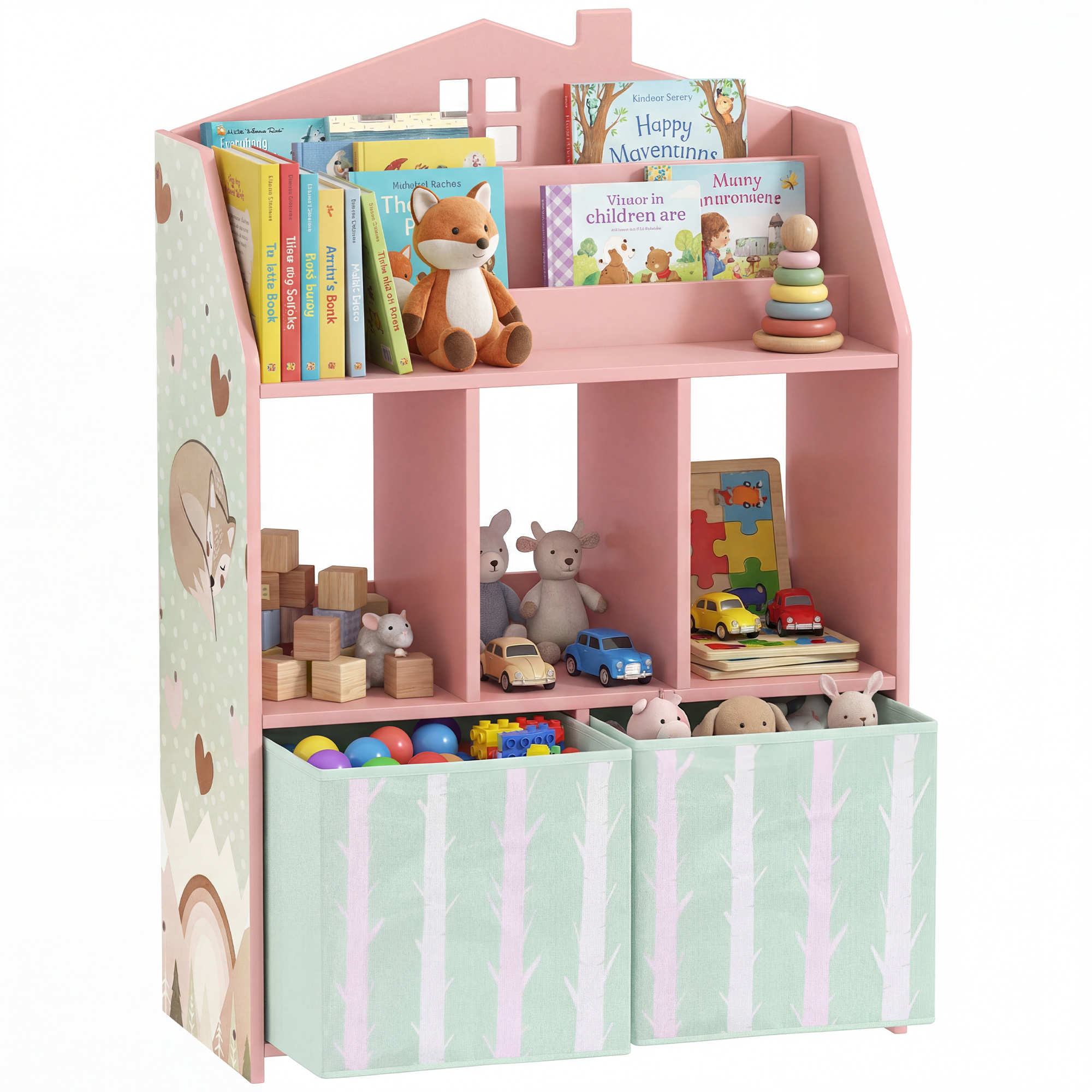 Kids Bookshelf with Storage, Toy Storage Unit with Book Display, Shelves and Fabric Drawers for Playroom Nursery, Pink