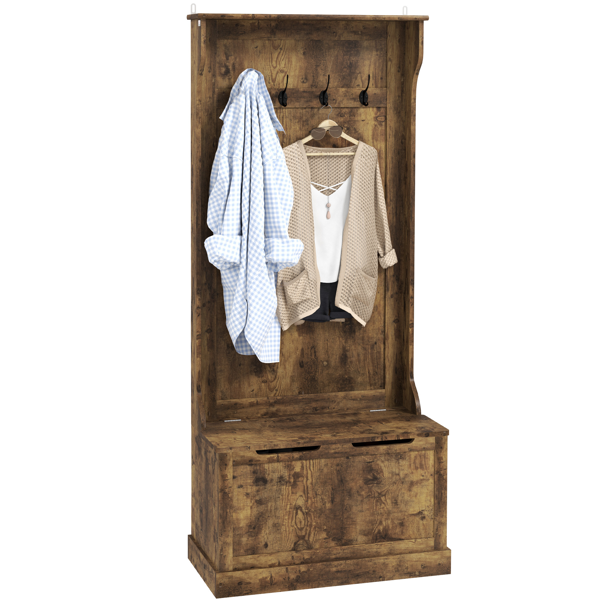 Hall Tree with Coat Rack, Storage, and Sitting Bench, Rustic Brown
