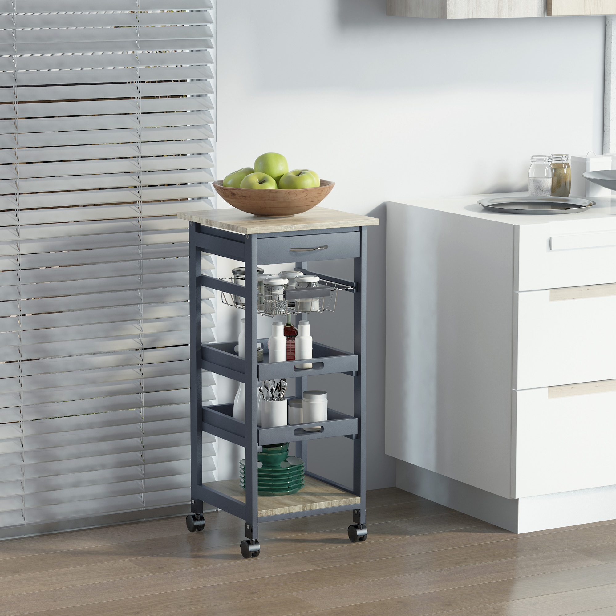Mobile Kitchen Cart, Rolling Kitchen Island with Storage, Utility Cart with Wire Fruit Baskets, Trays and Drawer, Gray