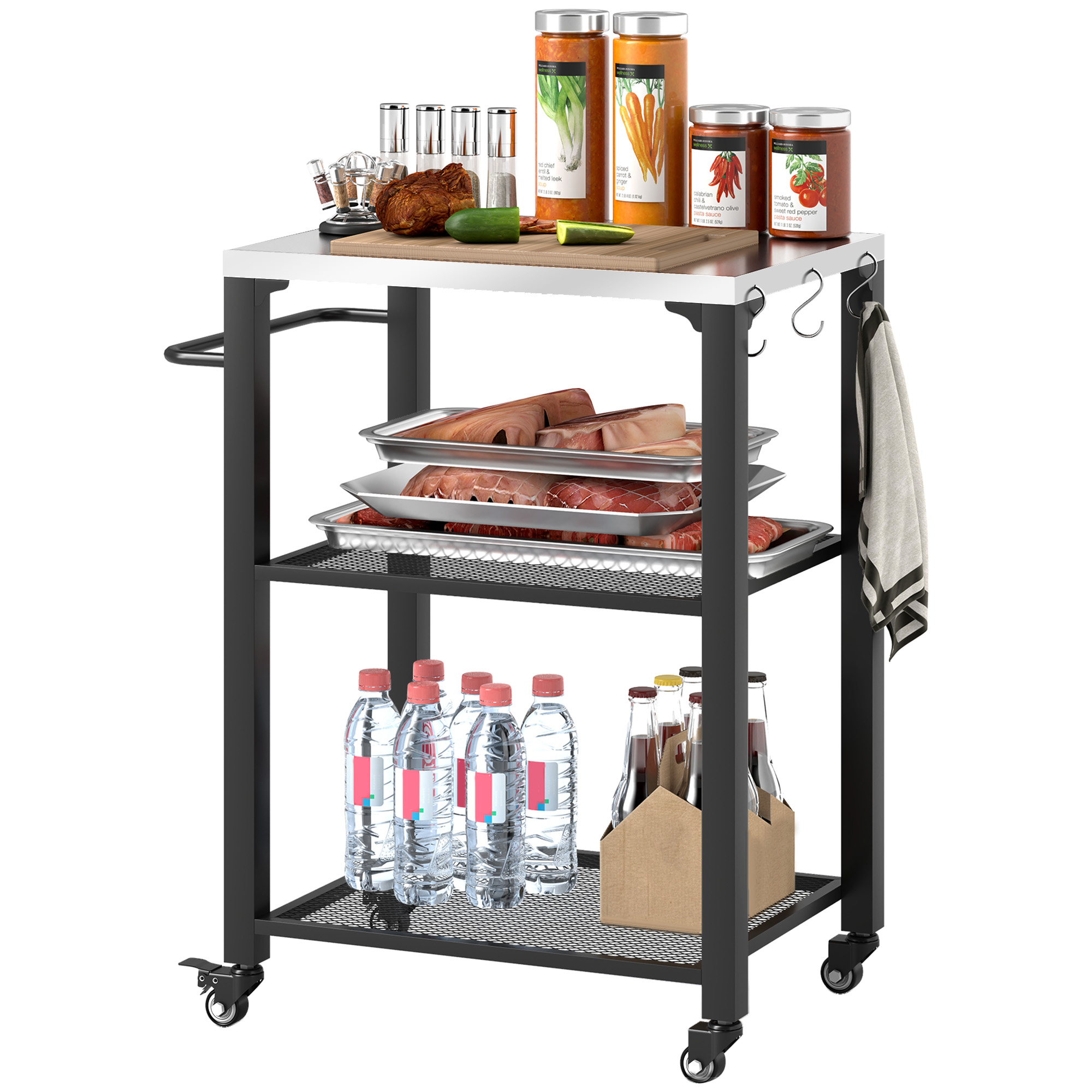 3-Shelf Outdoor Grill Cart with Stainless Steel Tabletop, Movable Pizza Oven Table with Hooks, Side Handle, Wheels