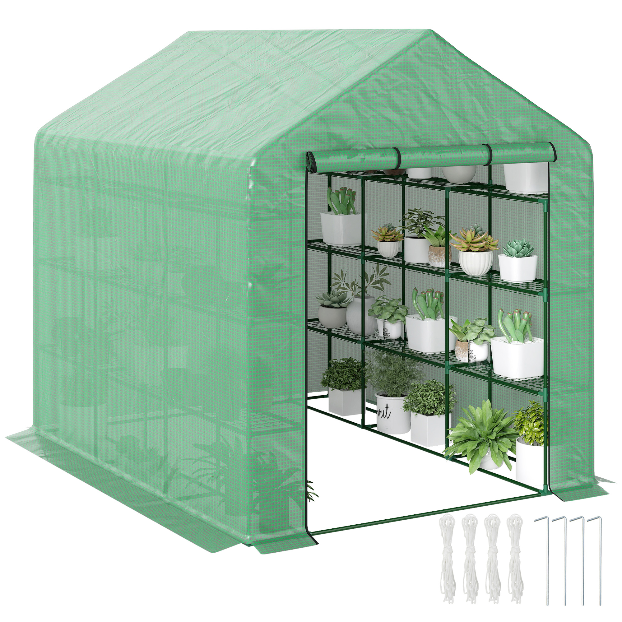 Outdoor Walk-in Greenhouse with Roll-up Zipper Door, 18 Shelves, PE Cover, 95.25" x 70.75" x 82.75", Green