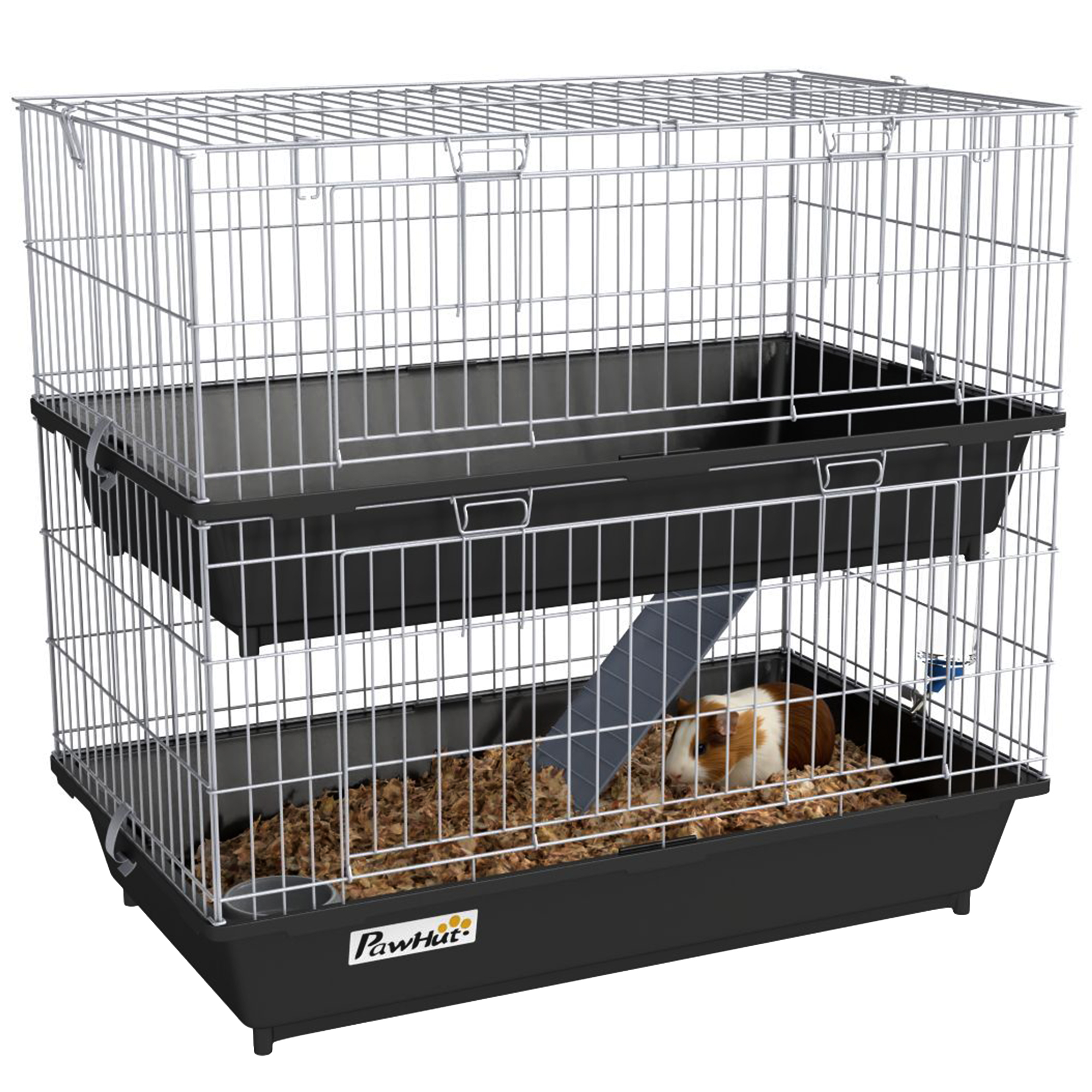 2-Tier Small Animal Cage with 2 Doors, Trays, Dish, Bottle, and Ramp for Bunny, Ferret, Chinchilla, Black