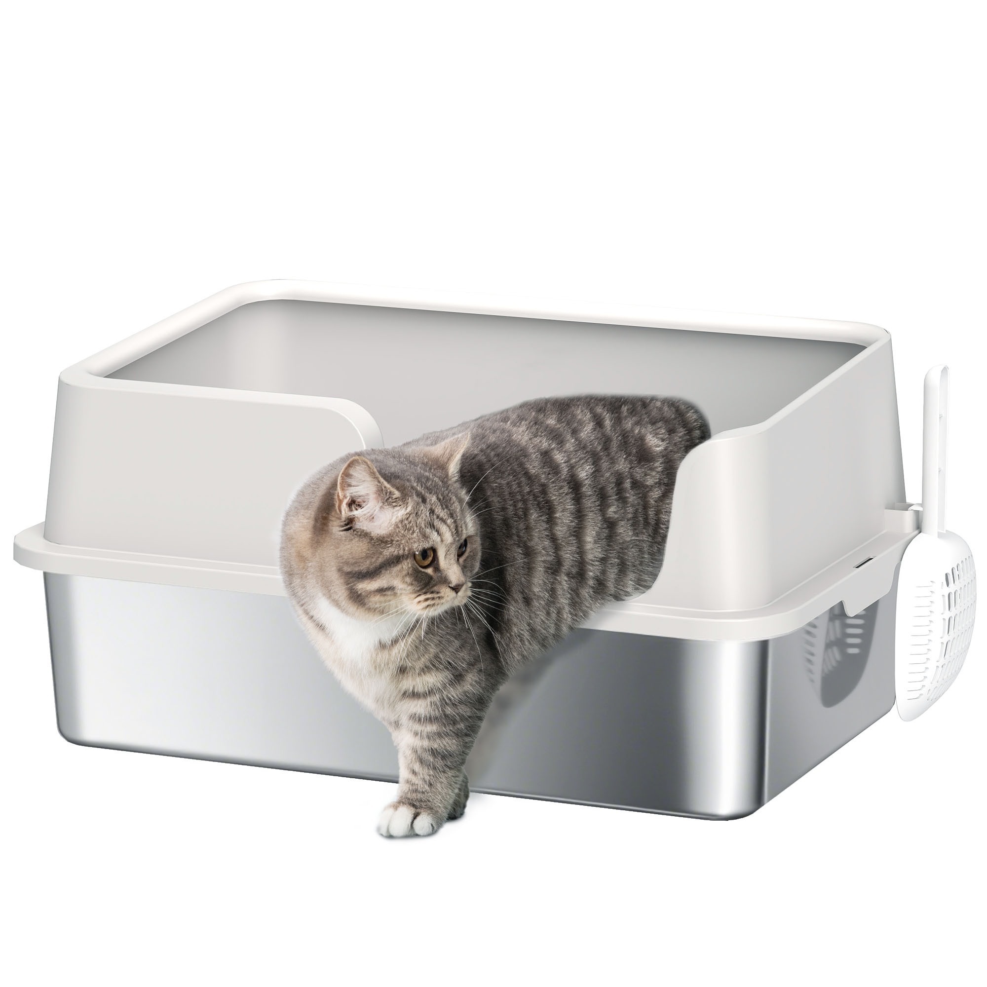 Stainless Steel Litter Box with High Side, Scoop, Easy Cleaning & Anti-Urine Leakage, for Big Cats, Light Gray