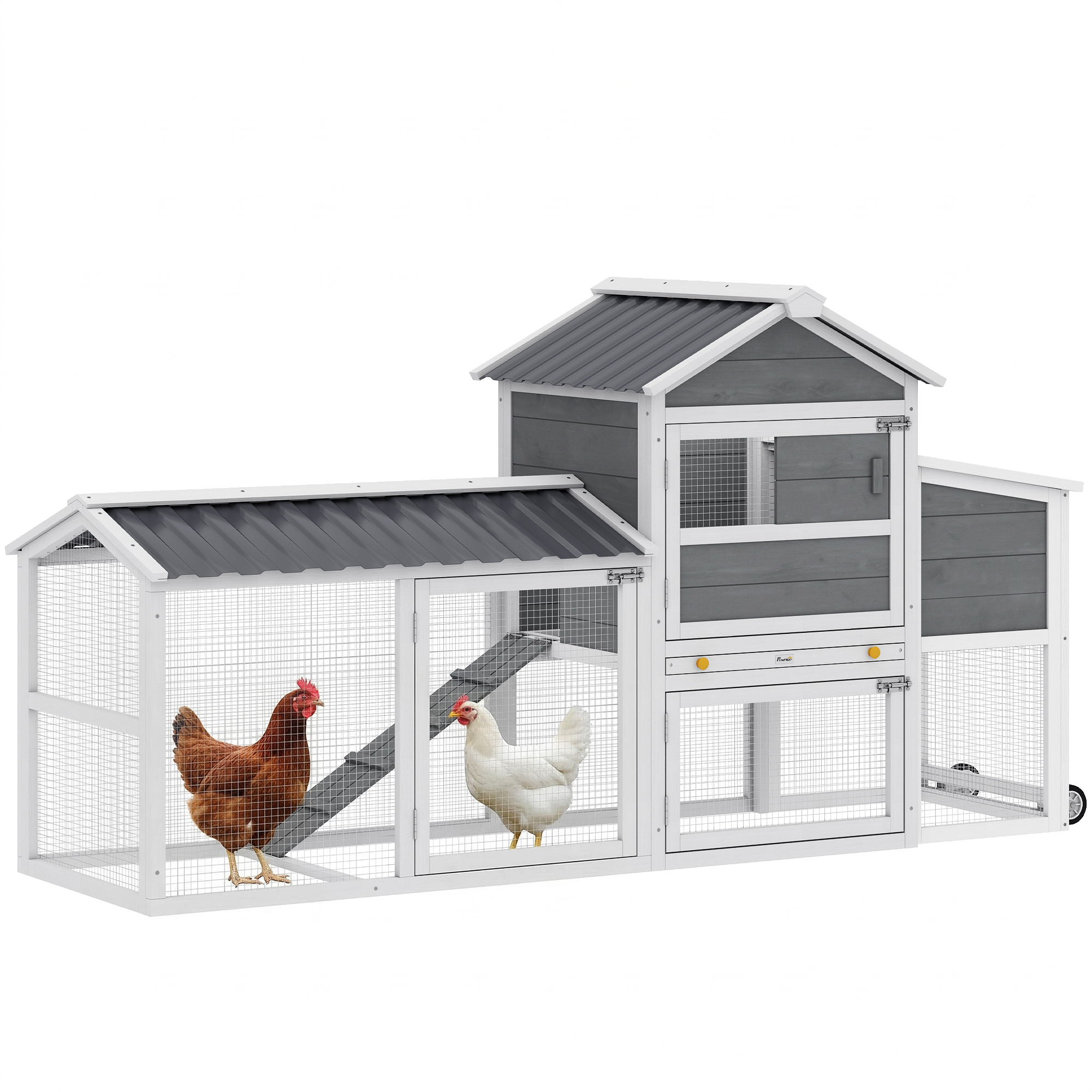 Chicken Coop with Wheels, 80" L Mobile Hen House with Run, Outdoor Wooden Chicken House with Nesting Box, Tray, Ramp