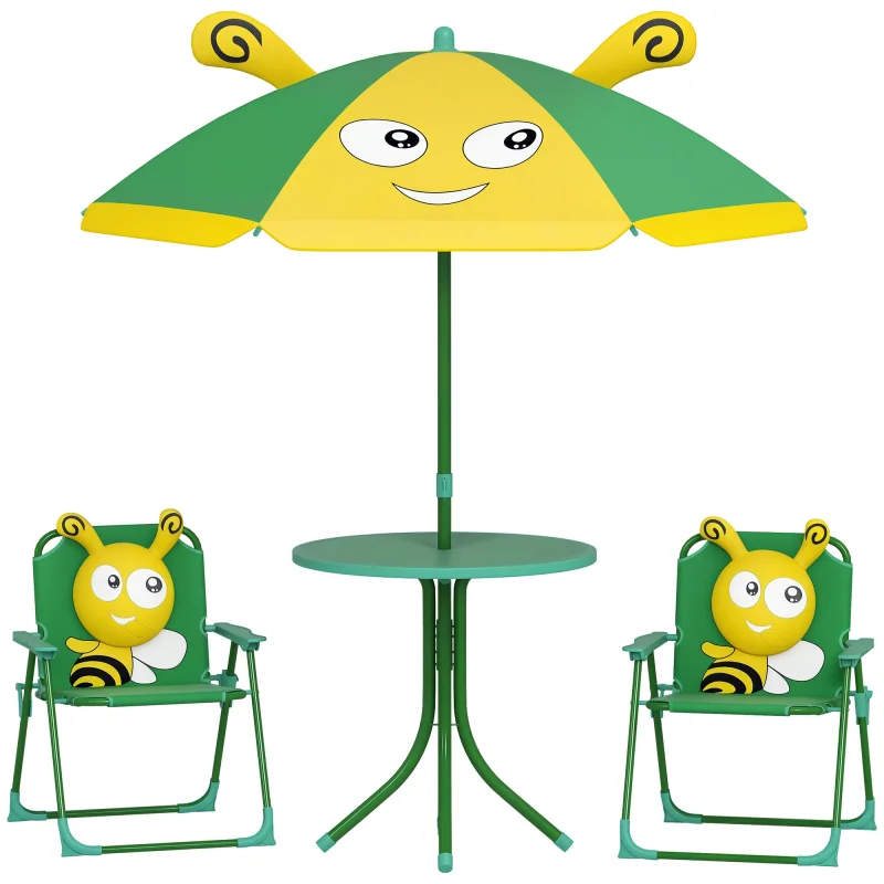 Kids Picnic Table and Chair Set, Outdoor Activity Table with Foldable Chairs, Height Adjustable Umbrella, Green