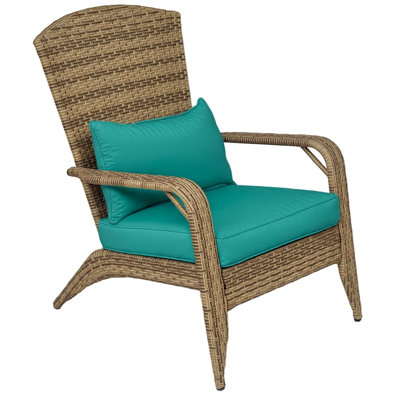 Patio Adirondack Chair with Rattan Wicker, Soft Cushions, Tall Curved Backrest for Deck or Garden, Sky Blue