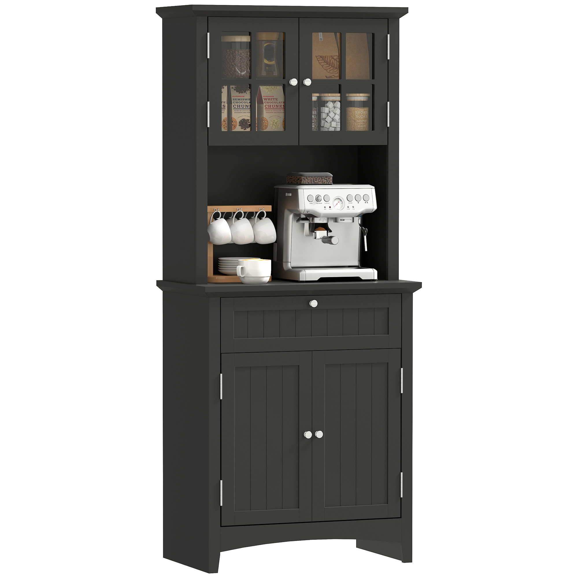 Elegant Buffet with Hutch, Kitchen Pantry Storage Cabinet with Framed Glass Door Drawer and Microwave Space, Black