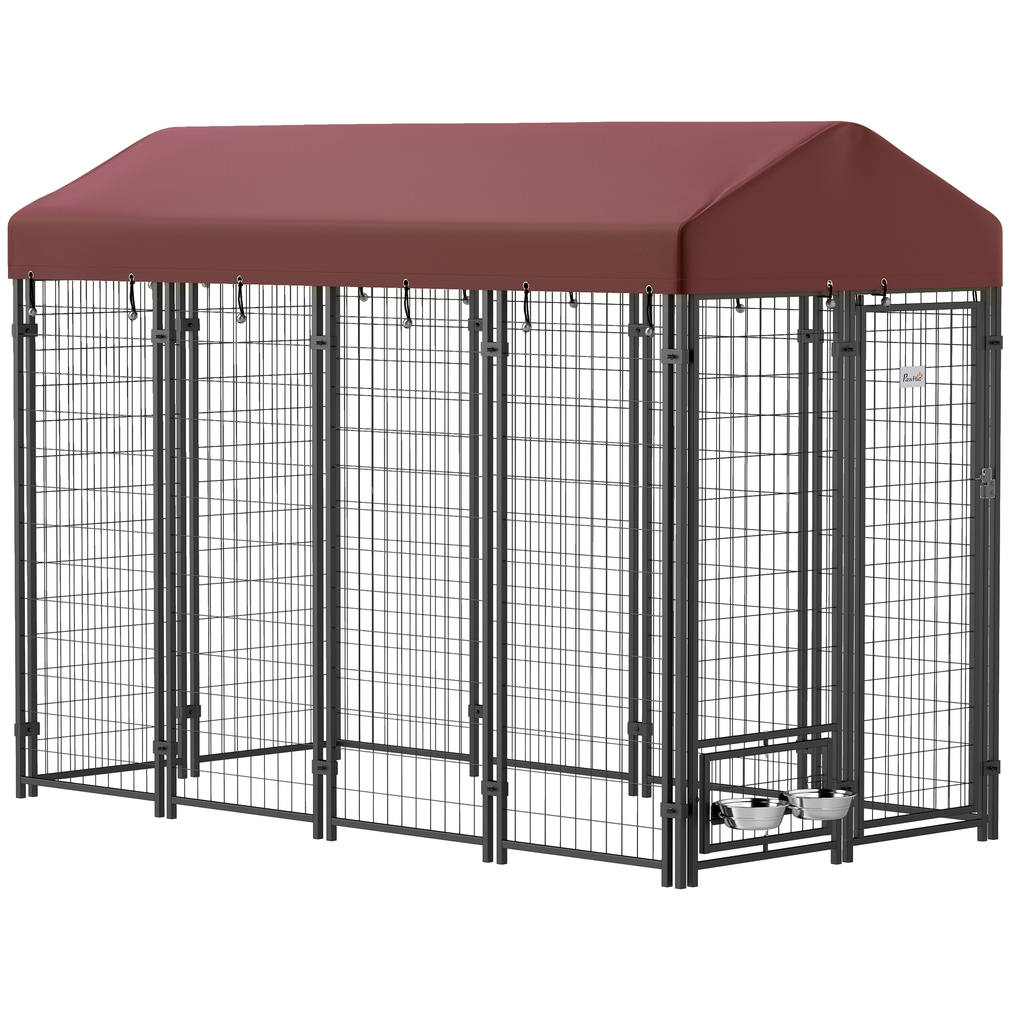 Outdoor Dog Kennel with Rotating Bowl Holders, Walk-in Pet Playpen with Waterproof Cover, 8' x 4' x 6', Red