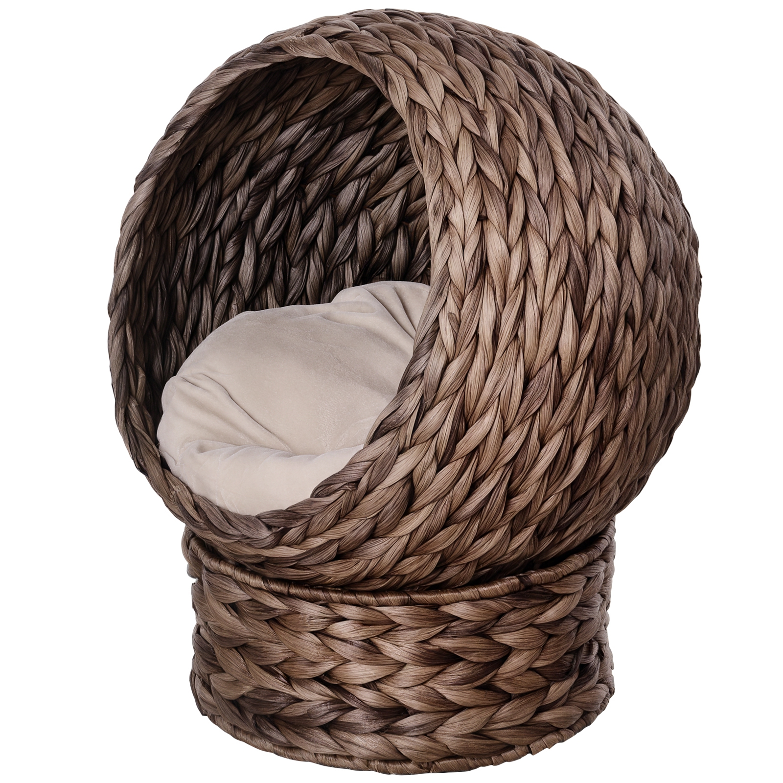 Handwoven Elevated Cat Bed with Rotating Basket and Soft Cushion, Wicker Cat Egg Chair with Stand, Brown