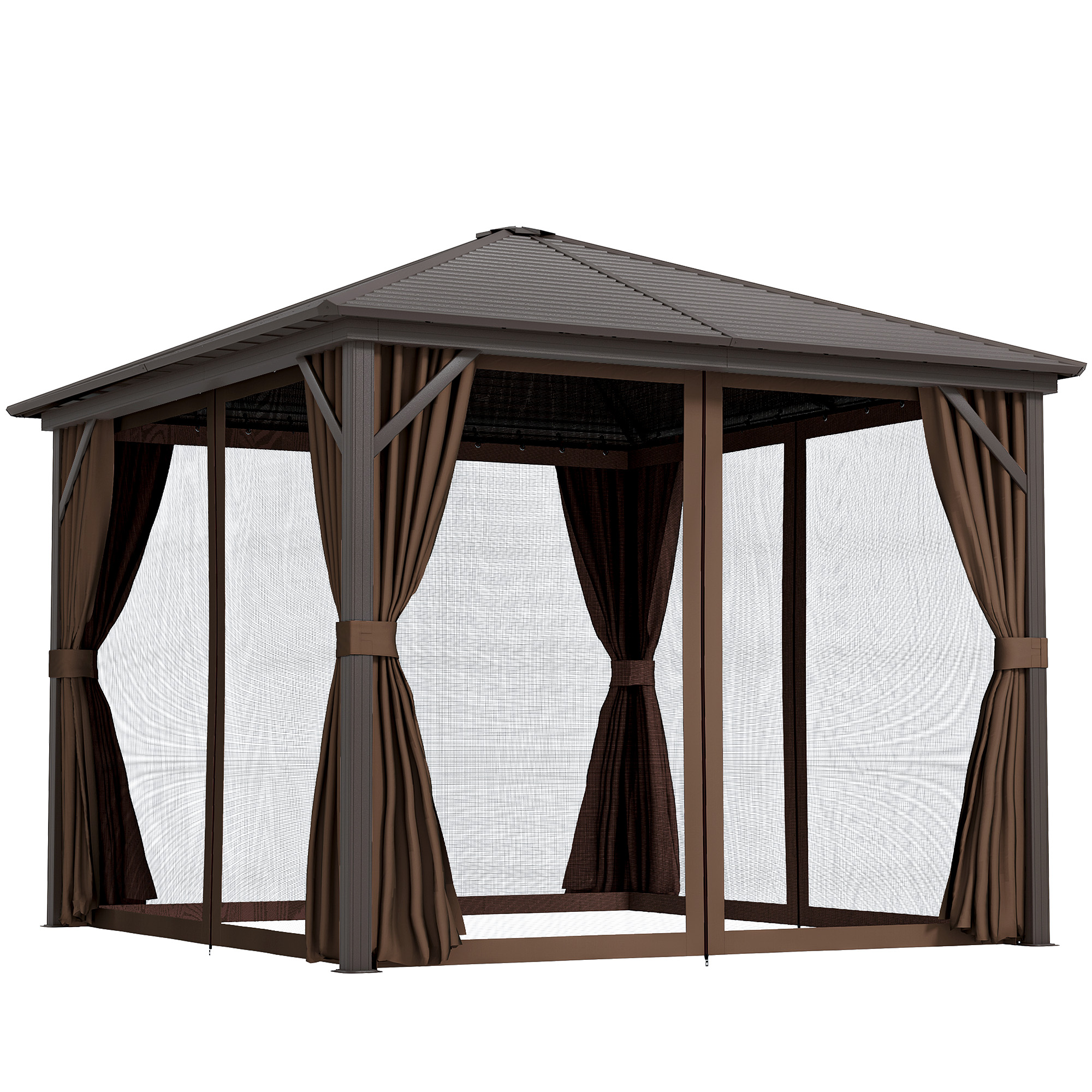10' x 10' Hardtop Gazebo Canopy, Permanent Pavilion with Hook, Curtains, Aluminum Frame for Patio, Garden, Dark Brown